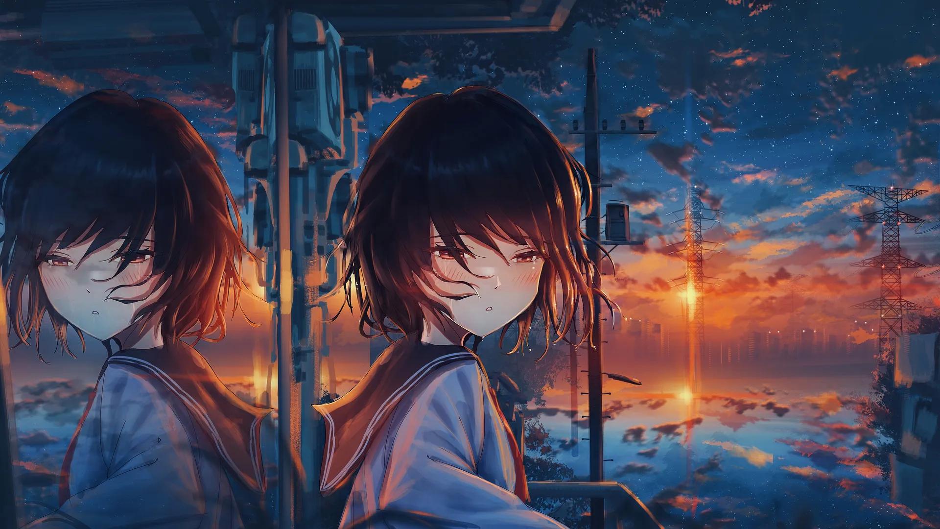 原创 人物 黑发 女学生 眼泪 短发 动漫 女孩 天空 城市 棕色眼睛 校服 云 夕阳辉光 日落 倒影 建筑 电线杆 星星 星夜 哭泣 窗户 4K壁纸