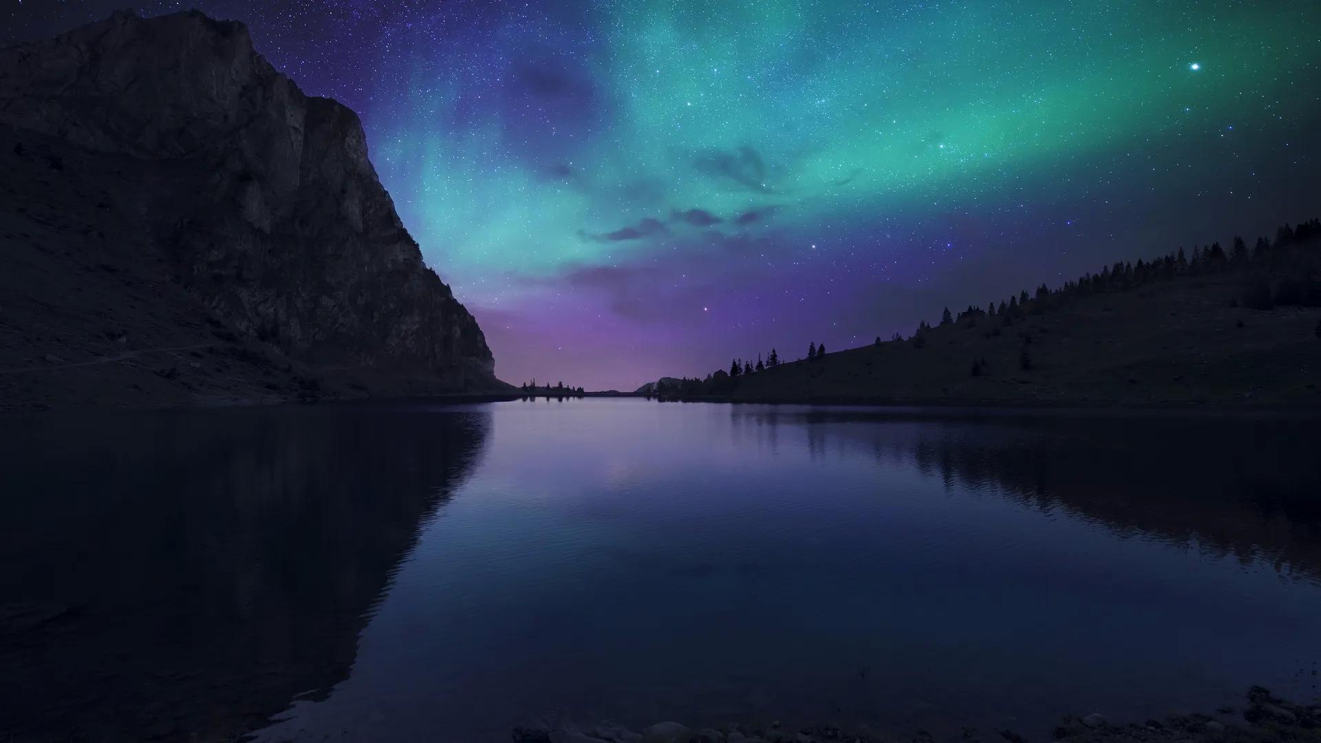 风景 自然 湖泊 山脉 夜晚 黑暗 天空 星星 水 树木  电脑壁纸 4K壁纸