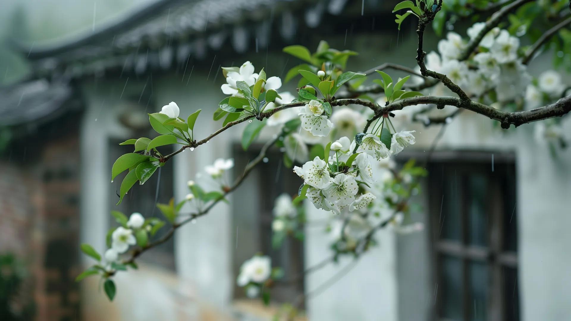 古典 屋檐 白色 花朵 电脑贴纸 4K贴纸