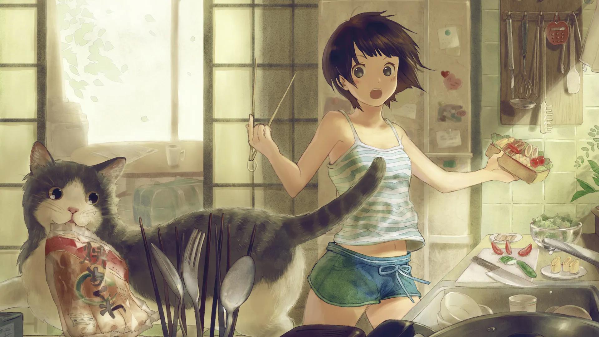 原创 人物 卡拉苏巴 动漫 女孩  猫 厨房 清新 治愈 电脑壁纸 4K壁纸