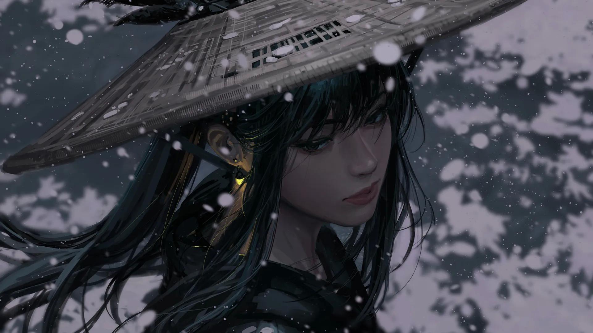 原创 人物 黑发 数码绘画 素描 帽子 草帽 雪 羽毛 风 肖像 4K壁纸