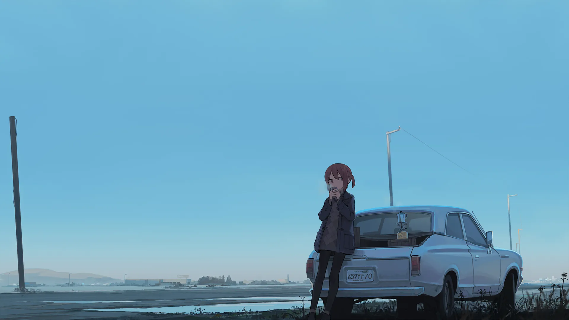 莫逸夫原创动漫：孤独品茶，户外汽车与晴朗天空。