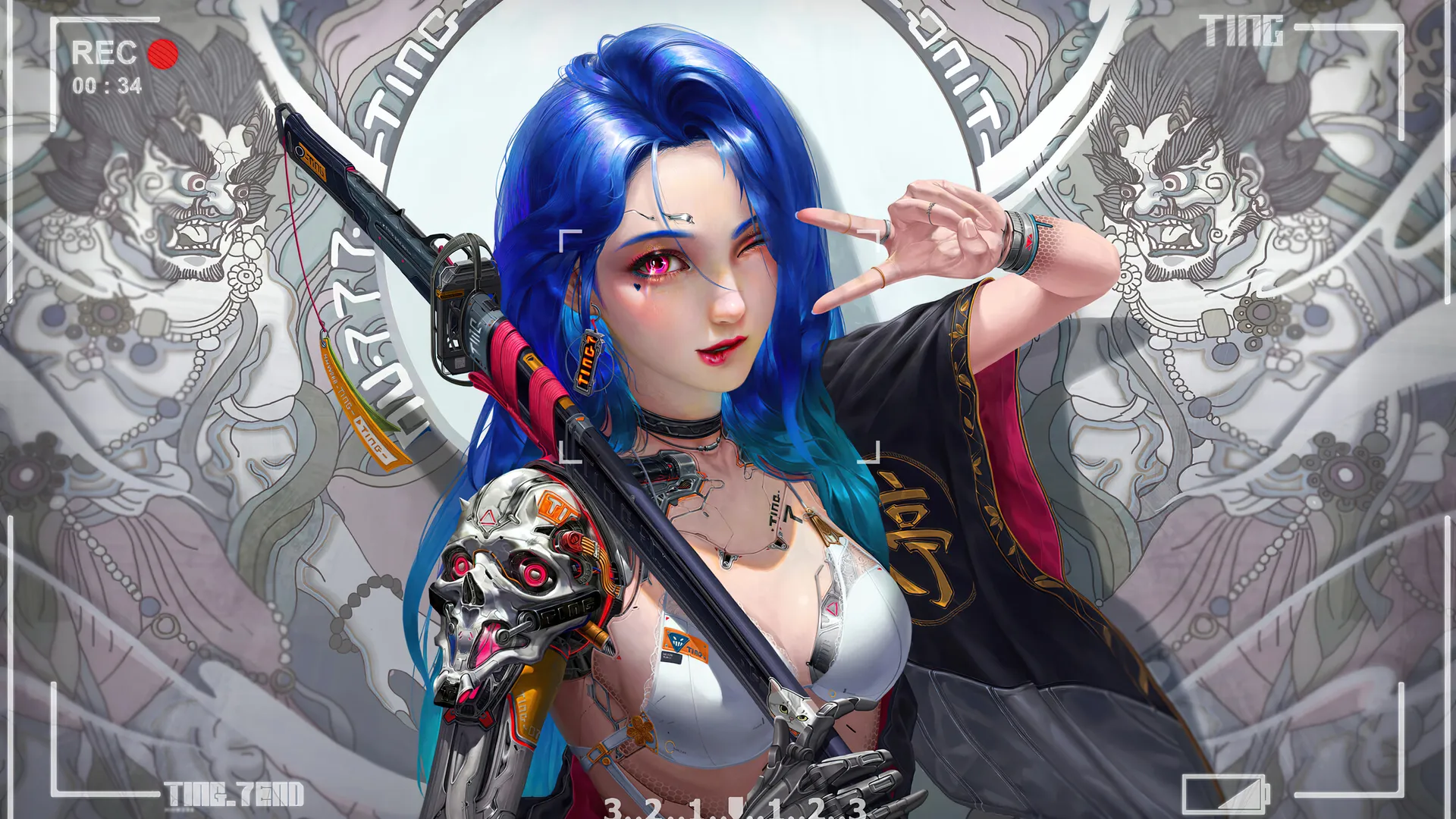 赛博朋克武士少女，蓝发4K动漫壁纸下载。