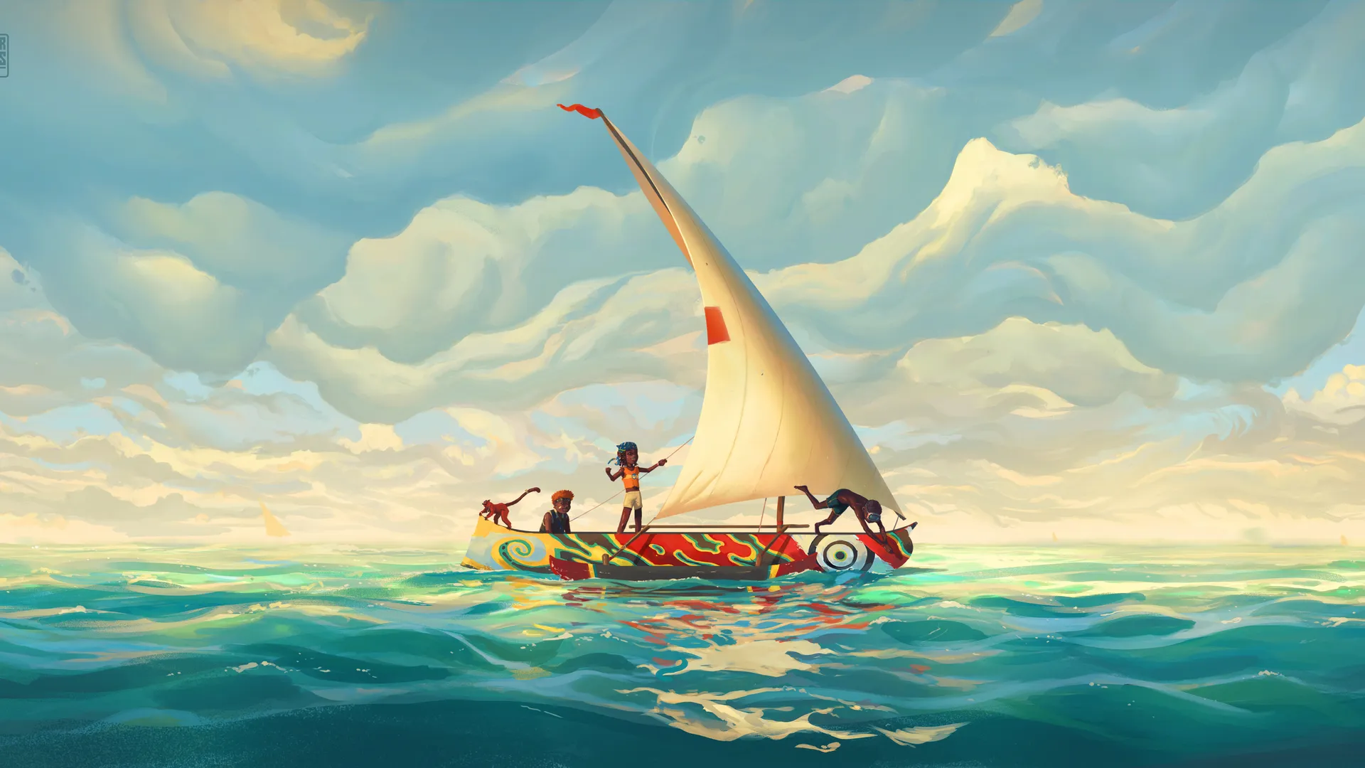 儿童AI艺术插图：海洋帆船与自然天空美景