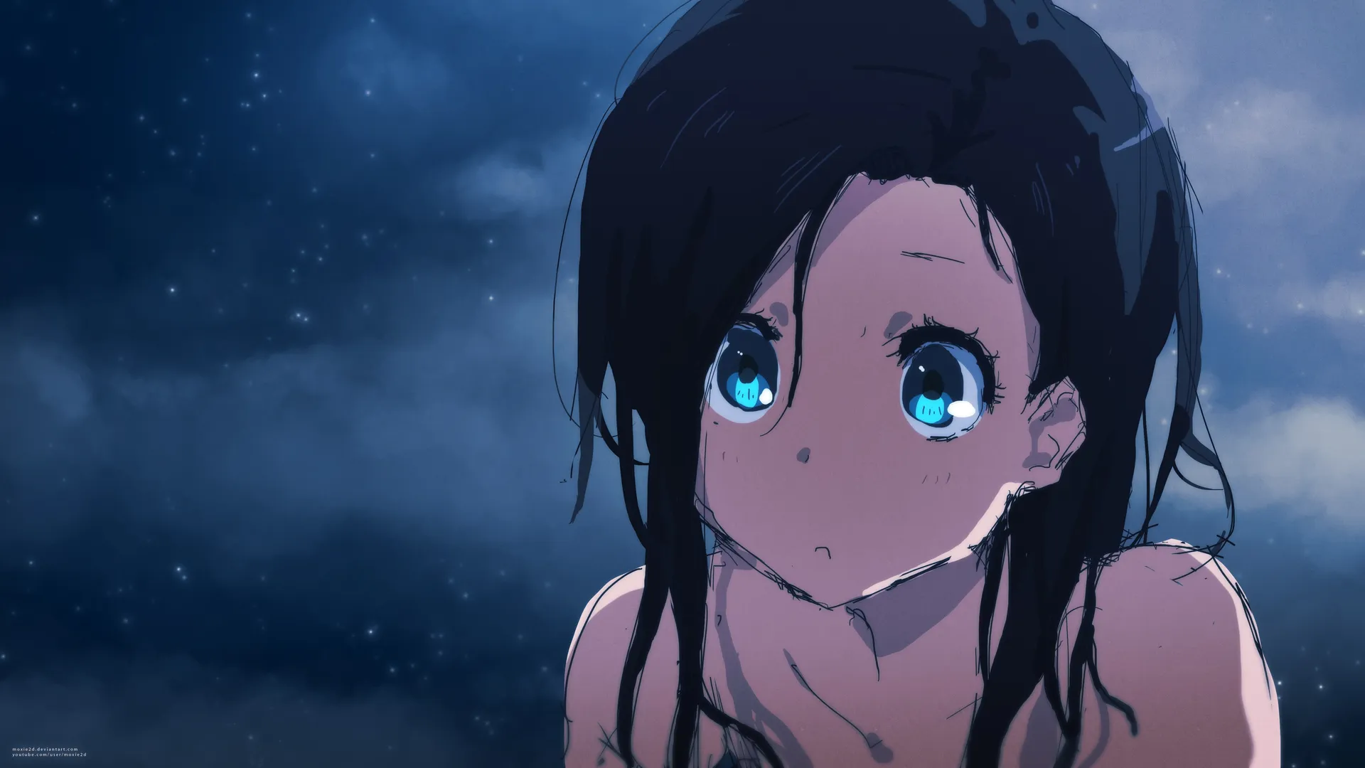 汤姆·斯肯德原创动漫女孩，蓝眼黑发，蓝色背景邪恶艺术