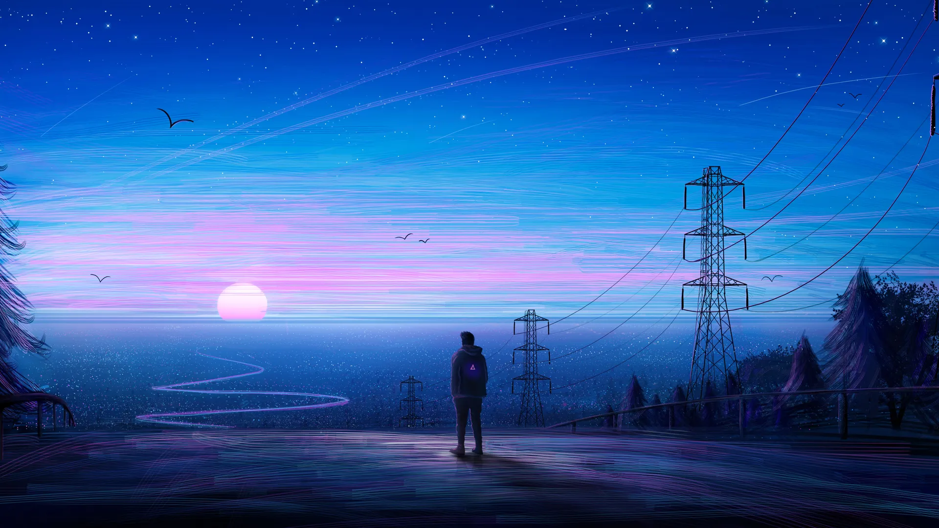 AI艺术：星光树影日落鸟鸣，蓝调电力线交织