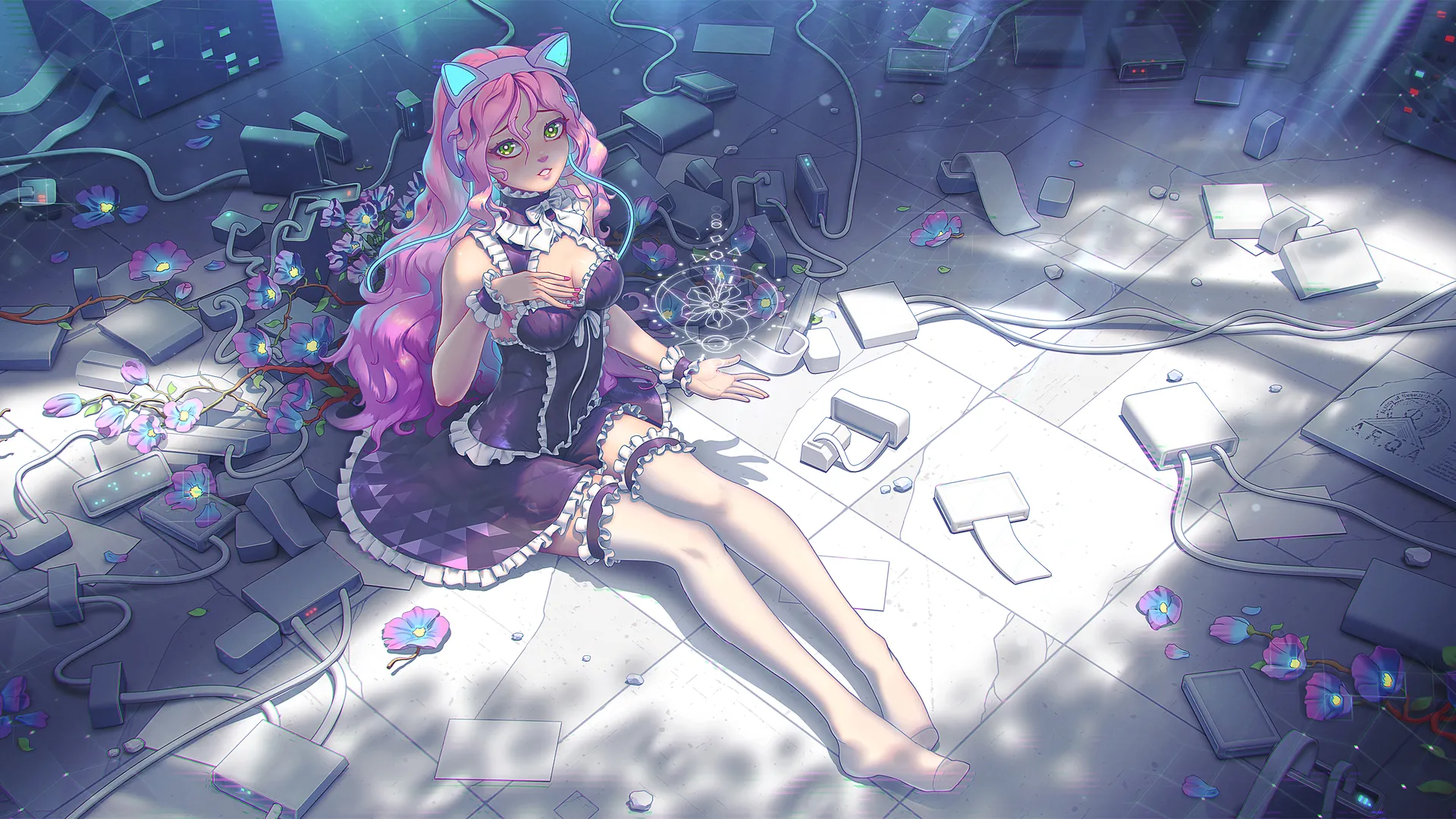 猫女孩动漫壁纸：赛博朋克鲜花4K电脑壁纸