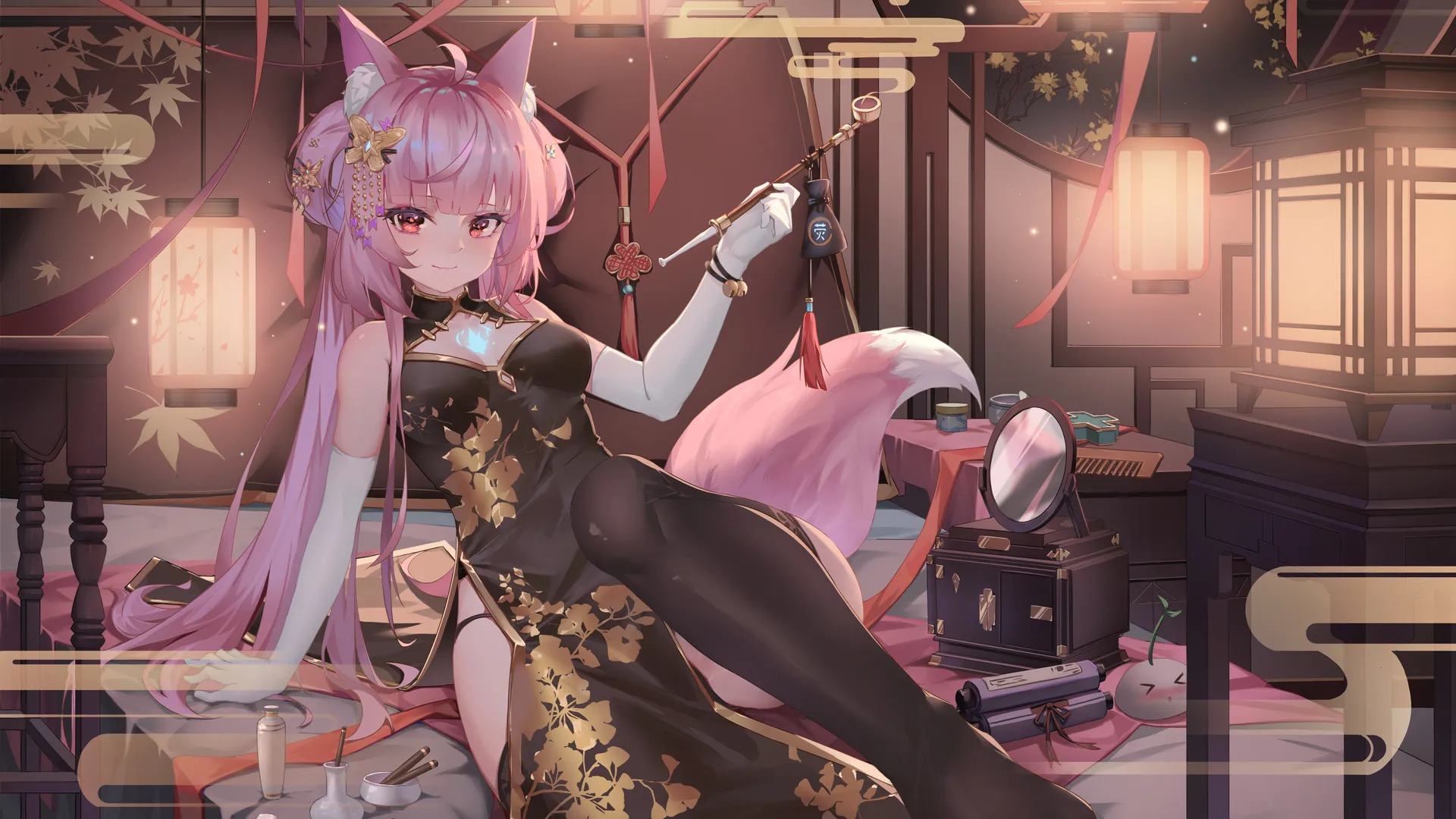 粉色狐尾兽耳娘中式服装动漫壁纸