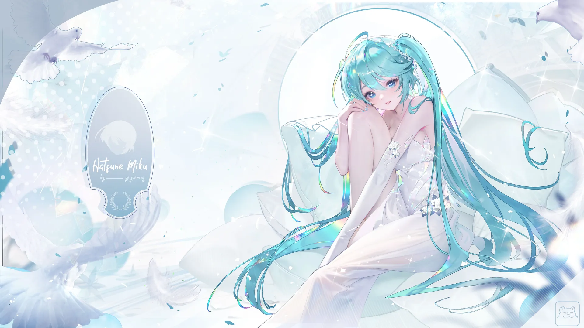 青发双尾少女，拉小提琴，水色眼眸，连衣裙与鸟相伴
