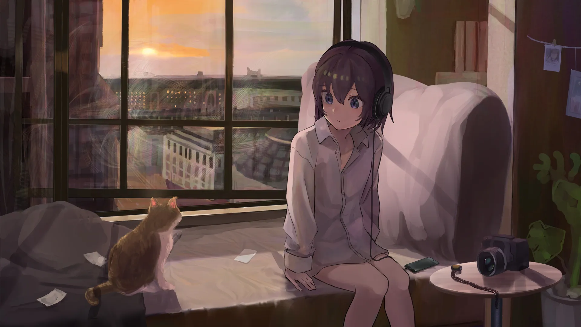 动漫女孩戴耳机，与猫共倚窗边赏景