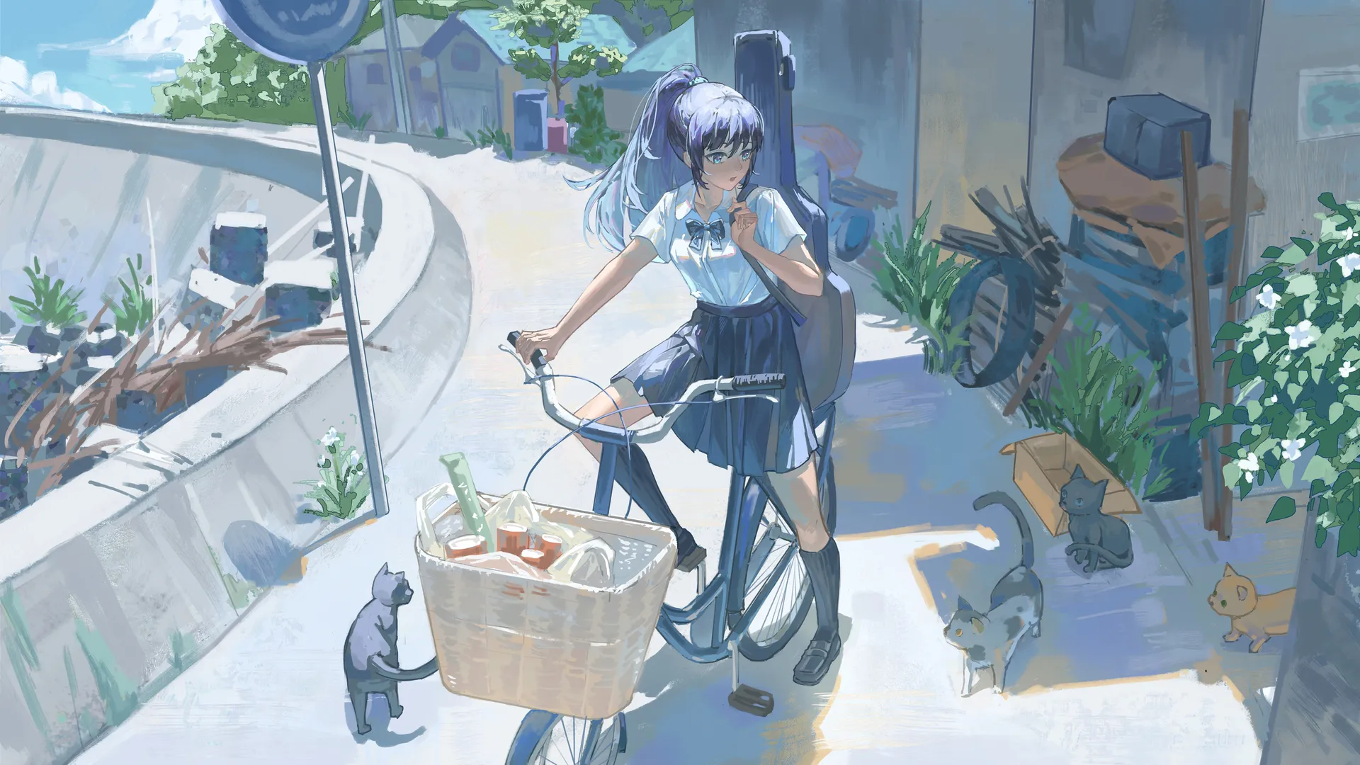 动漫女孩长发马尾辫校服领结