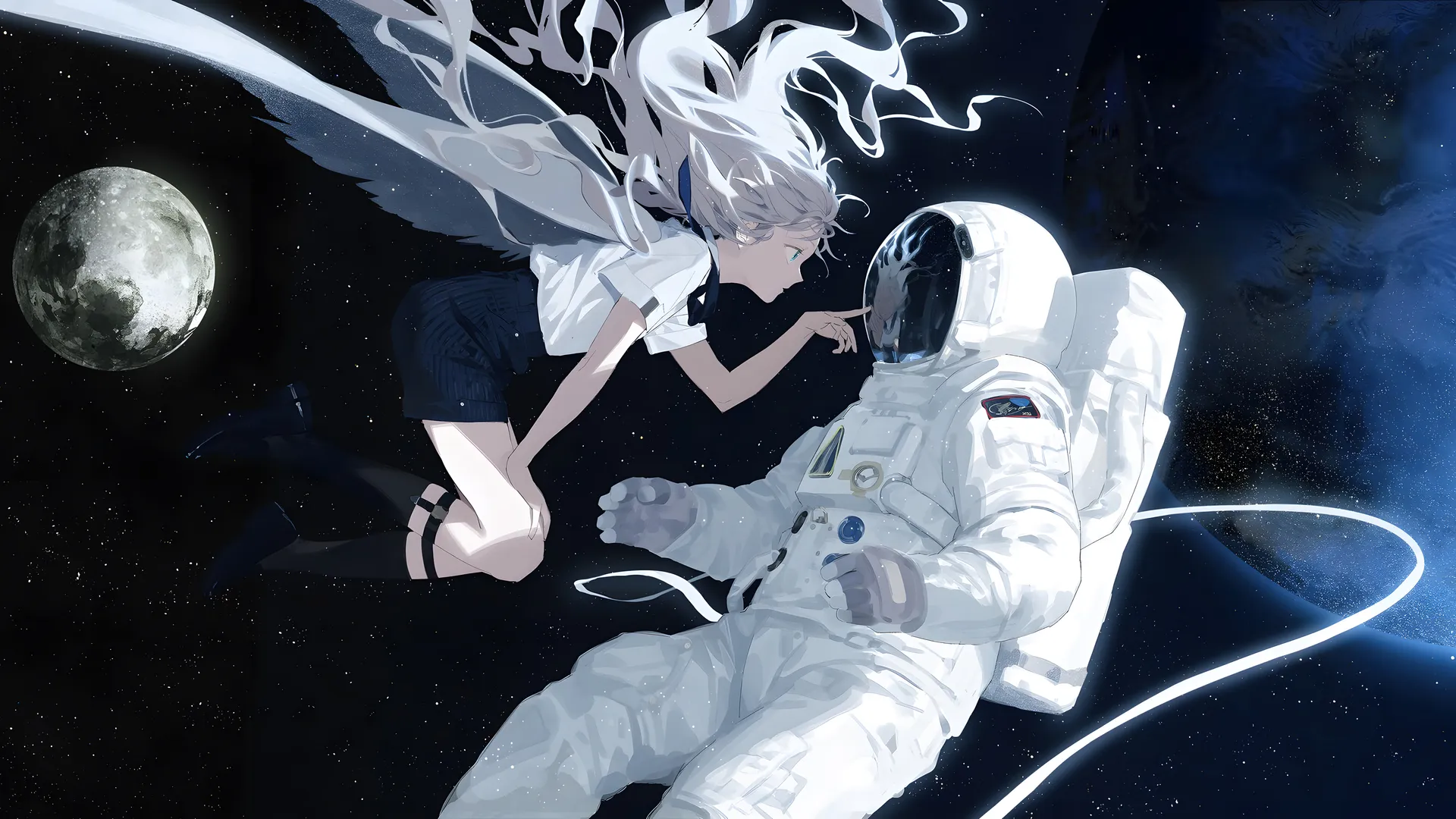 白发动漫女孩宇航员，月球太空星星地球背景