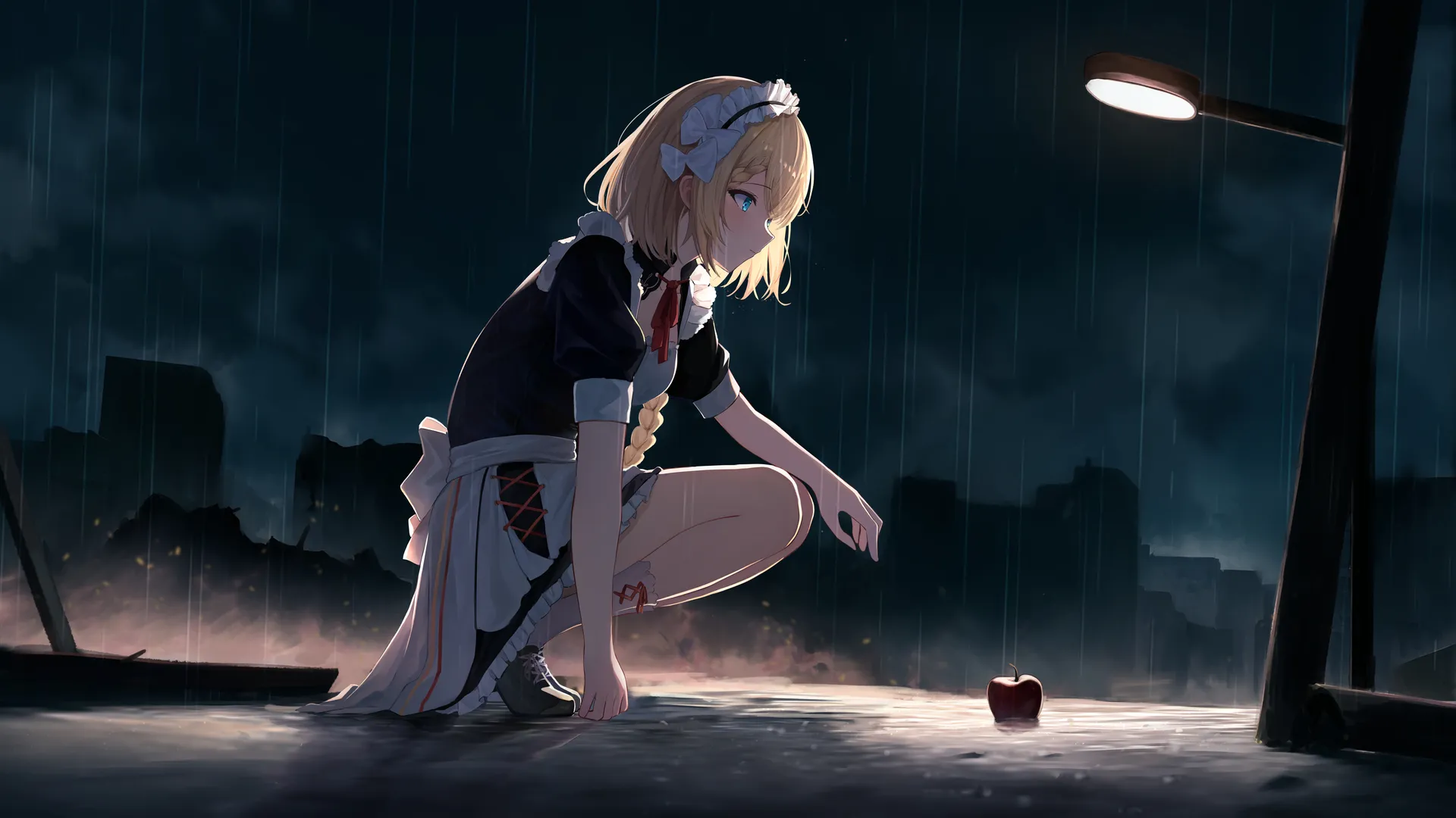 女佣服装极简背景苹果雨灯光