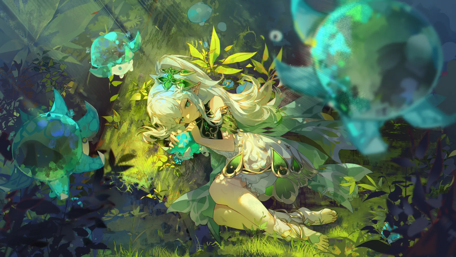 白发绿瞳精灵少女，白裙飘逸梦幻。