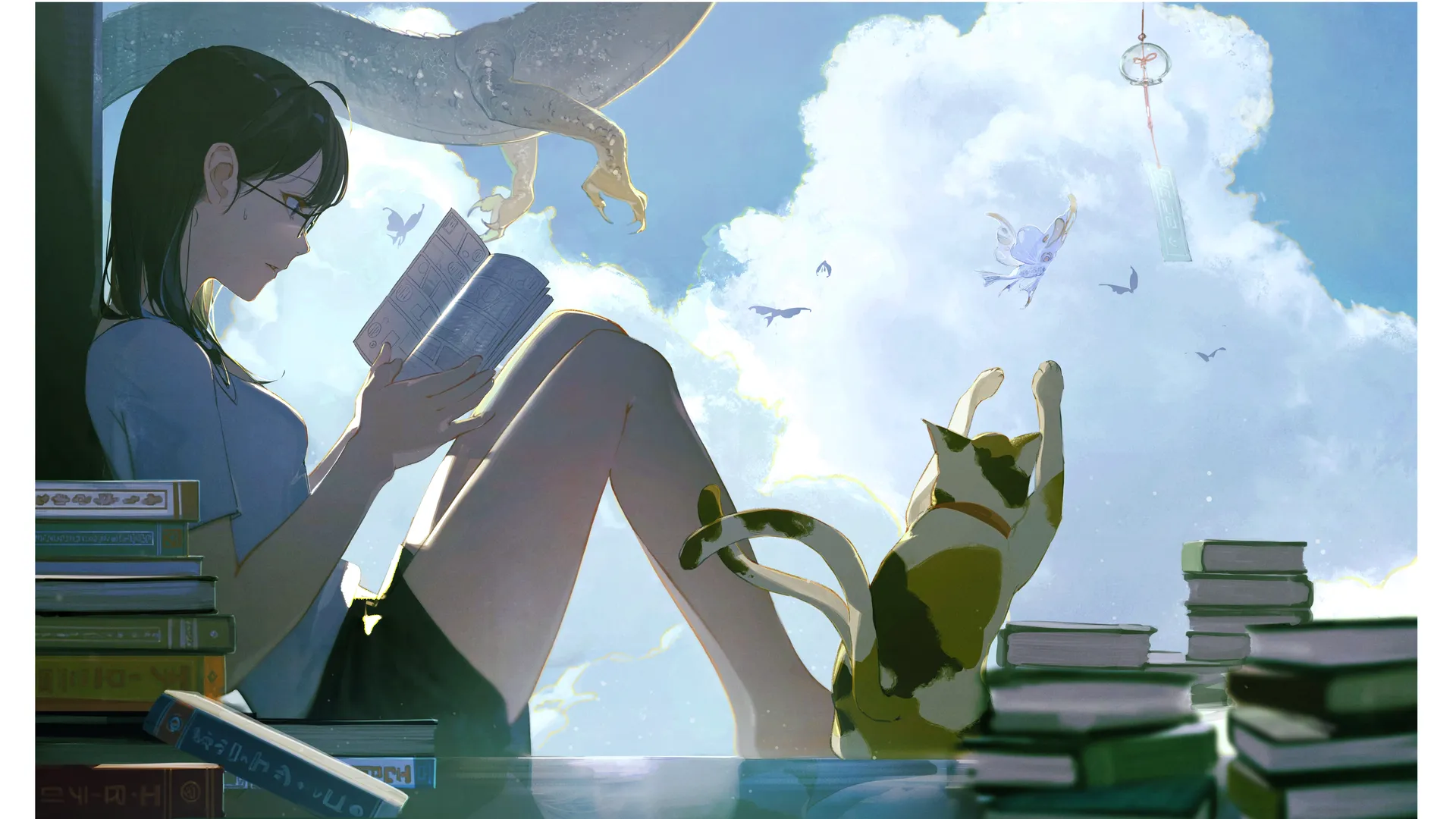 动漫女孩与猫：天空下的阅读时光