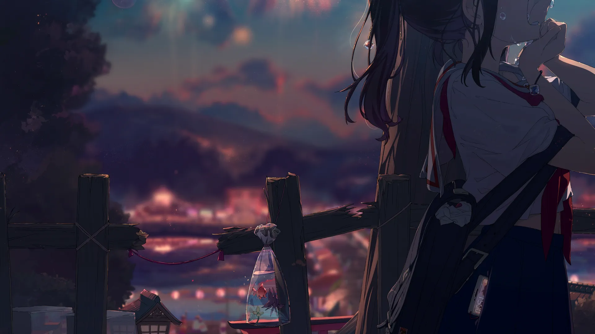 动漫女孩哭泣，夜晚烟花校服AI艺术