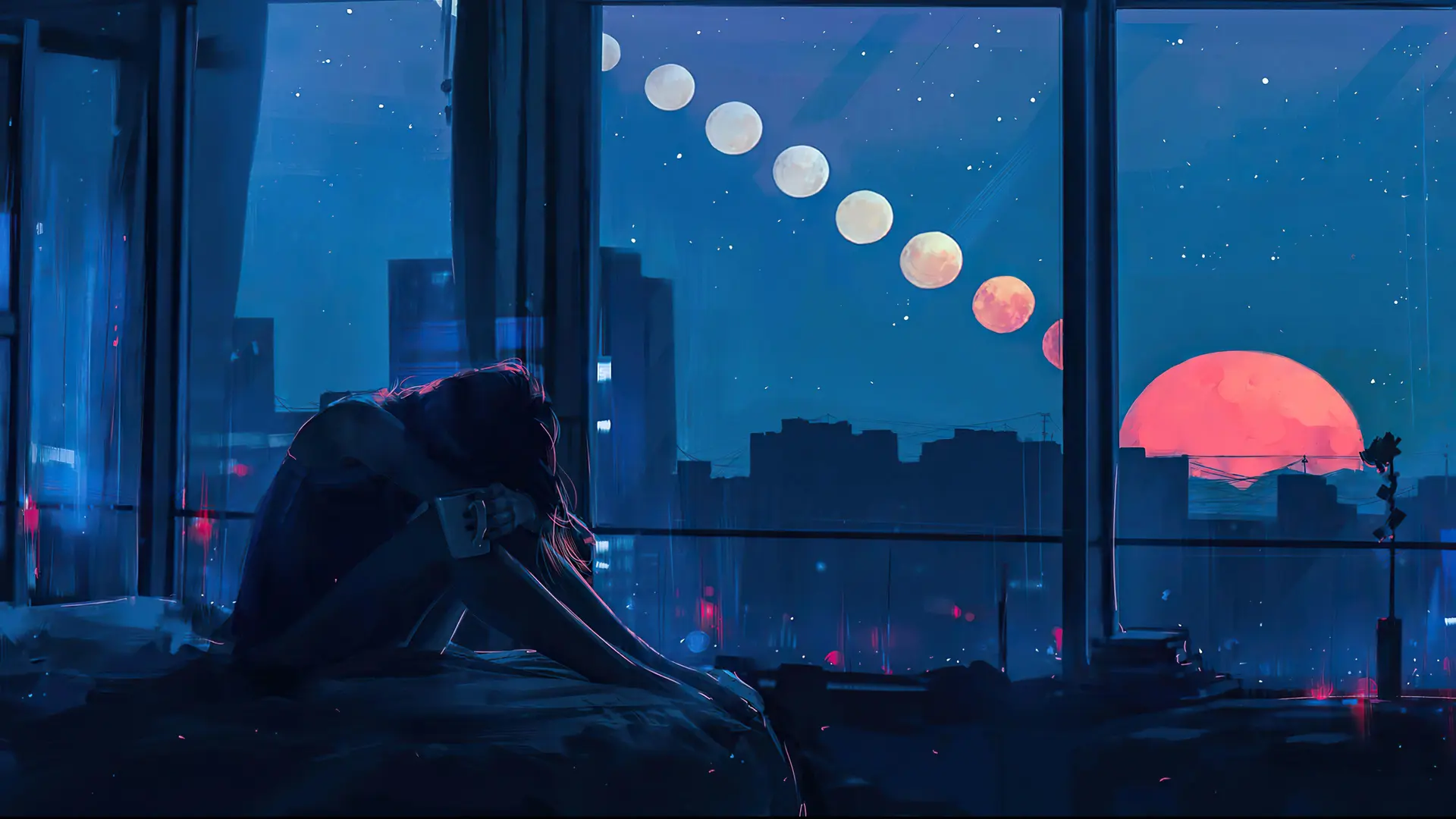 独坐窗边望月夜，4K壁纸星空卧室景。