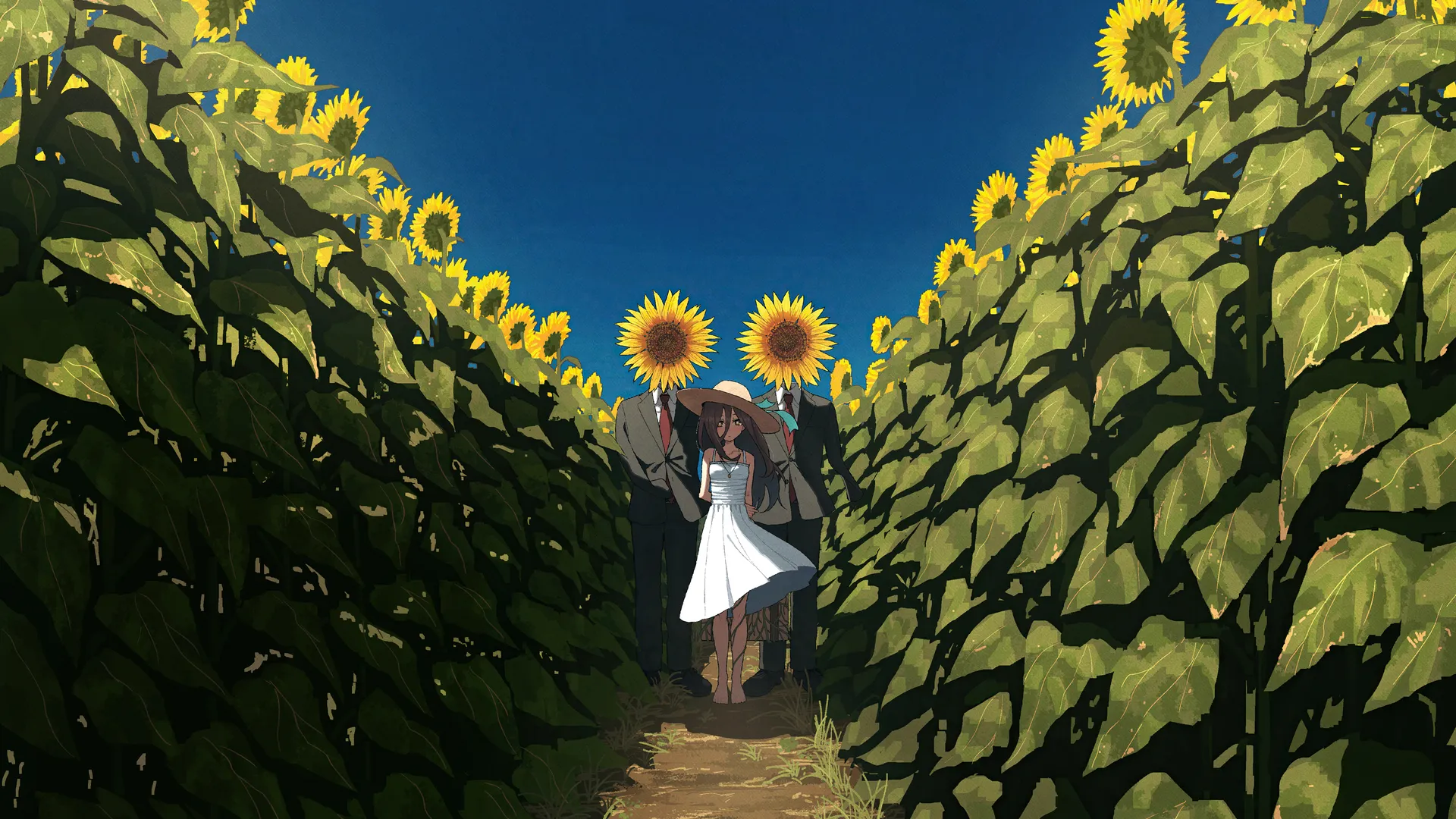 夏日赤脚动漫少女，白裙草帽漫步向日葵小径。