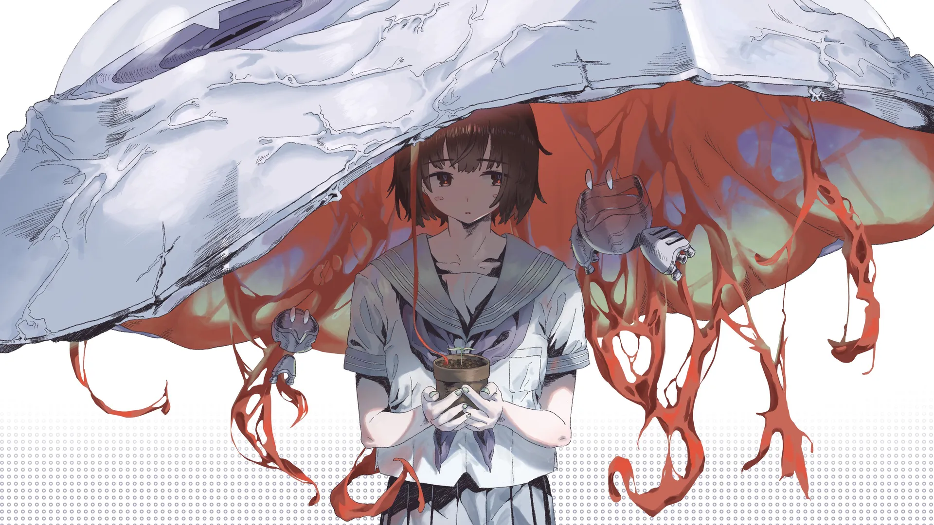 动漫少女校服雨伞，生物植物简约背景插画