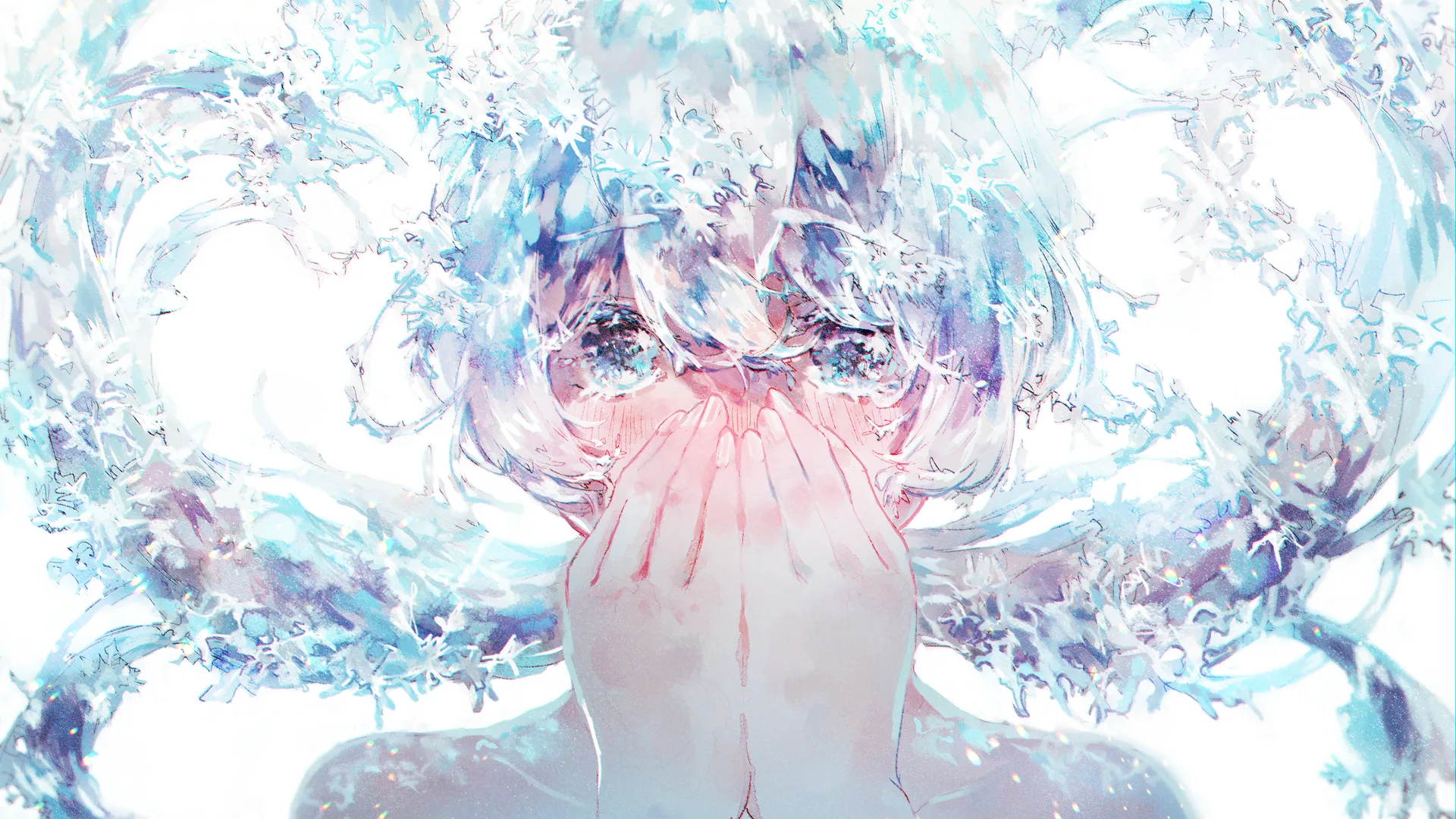 短发动漫女孩，水色眼睛，水花飞溅白色背景