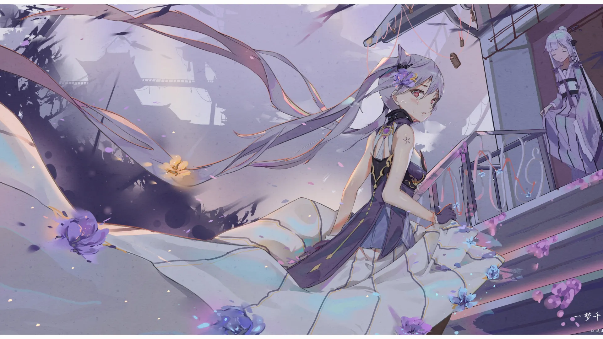 原神科清紫发红眼动漫女孩鲜花壁纸