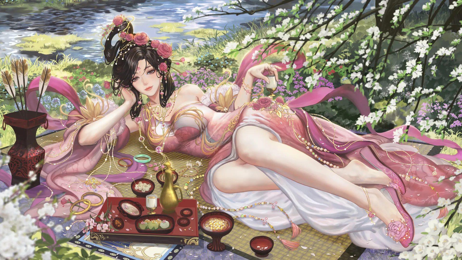 女性与自然融合：花发水草衣枝笑