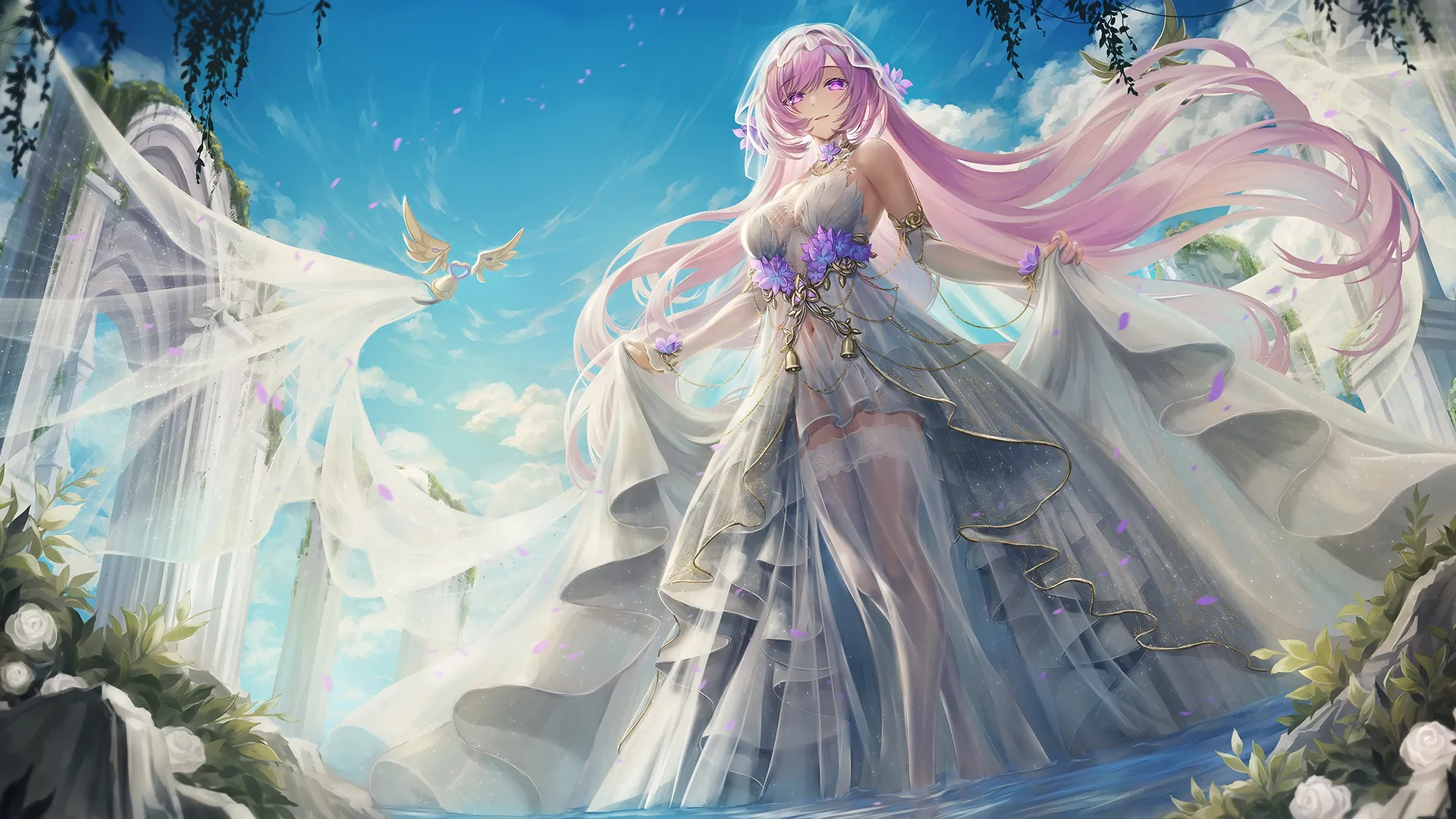 粉发少女与鲜花，4K唯美天空壁纸