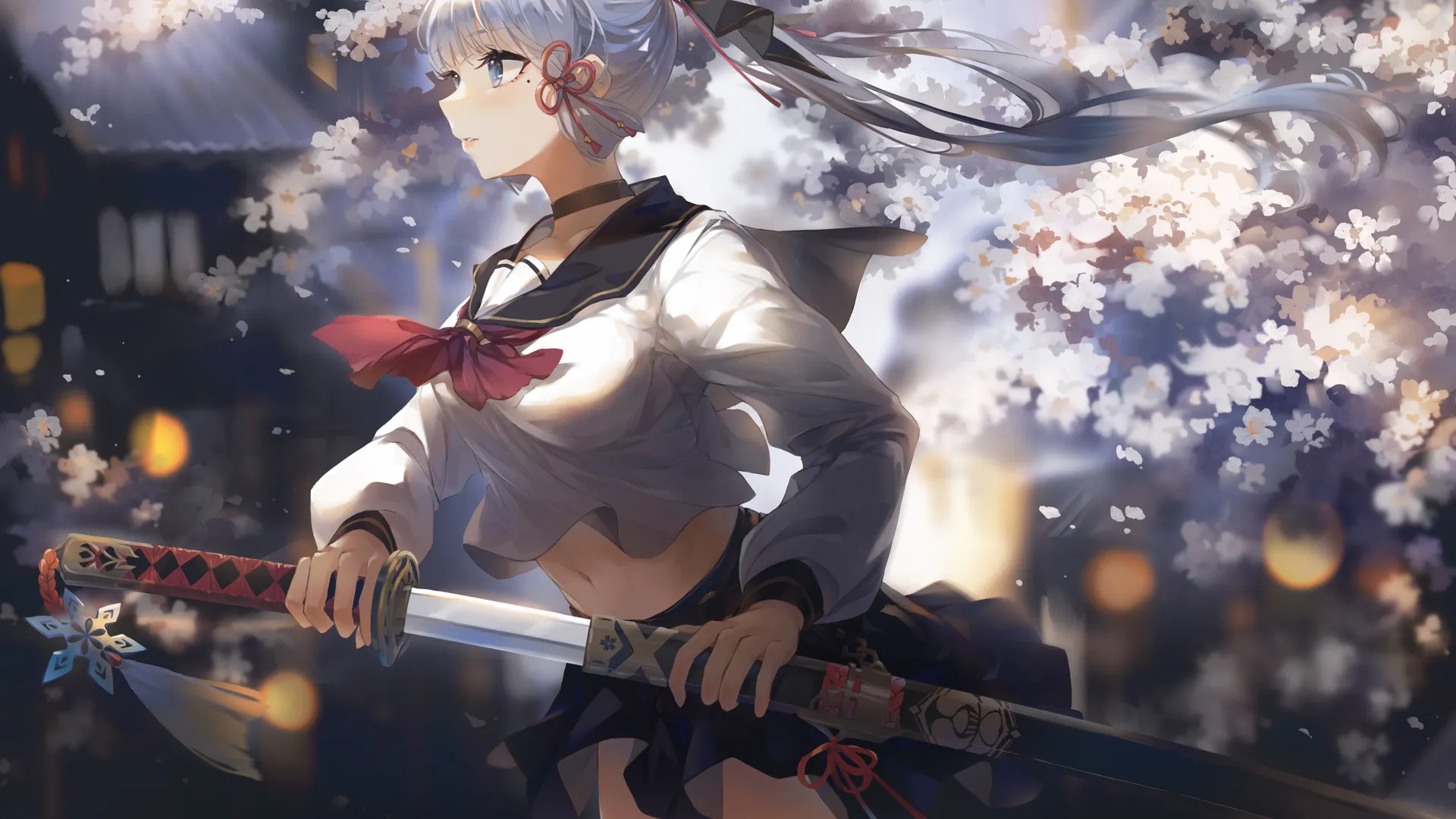 动漫女学生校服拔剑，二次元美少女战士。