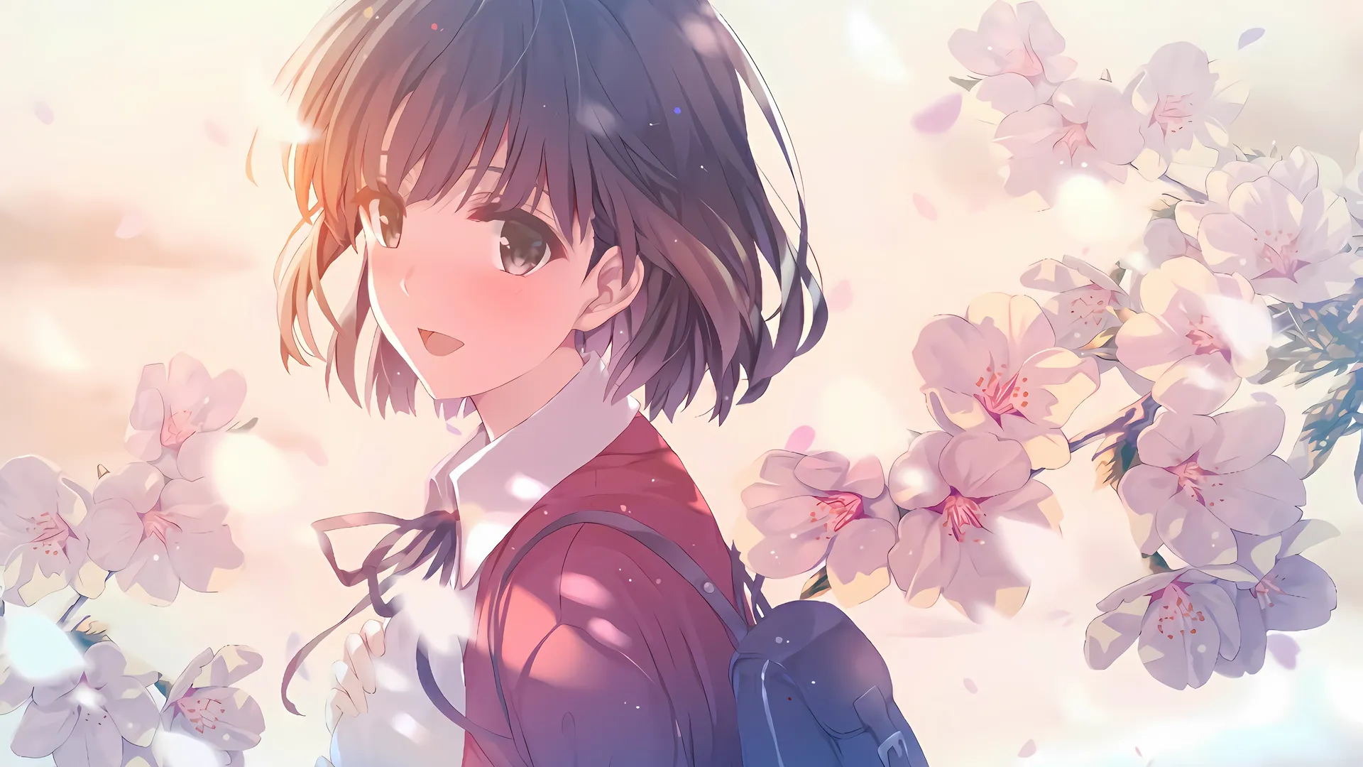 短发樱花校服女孩，背包鲜花动漫女主角