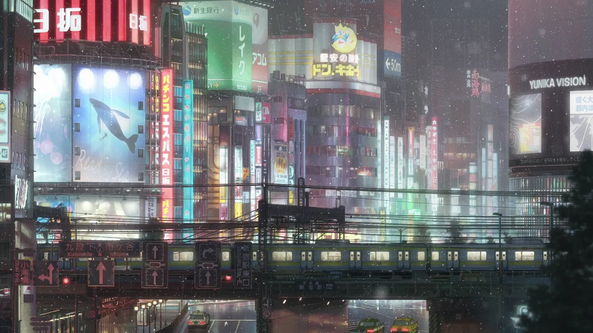 二次元动漫雨中城市夜景建筑