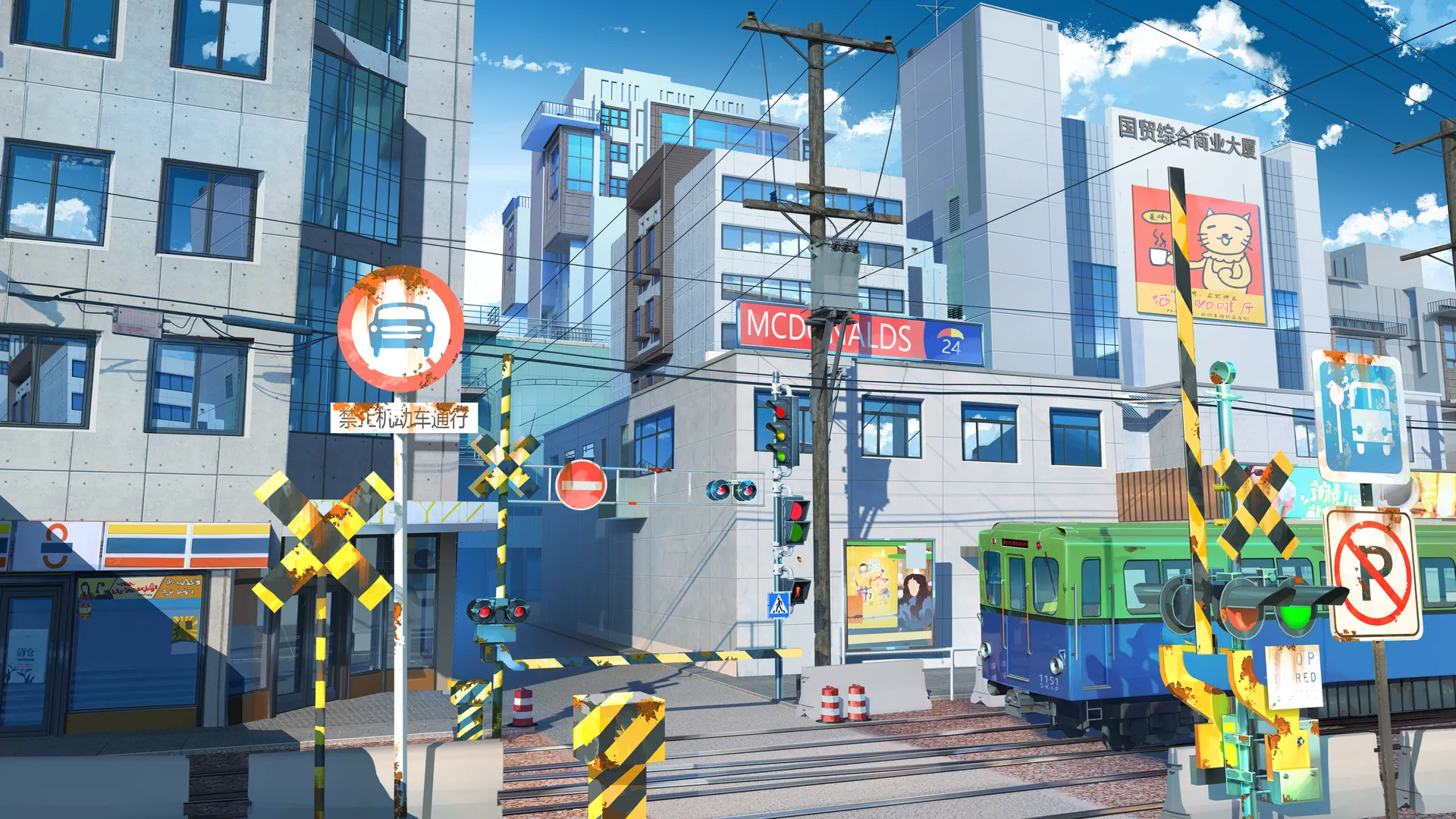 AI艺术街景：建筑、火车、铁路与日光风景
