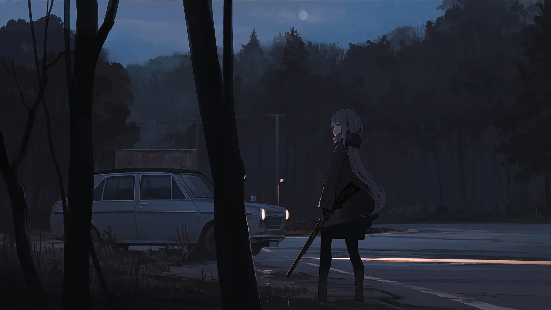 苍白长发动漫少女，夜林持武器立于车前