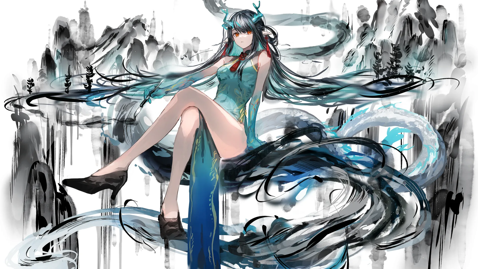 动漫女孩武士中国风，4K黄昏壁纸艺术作品。