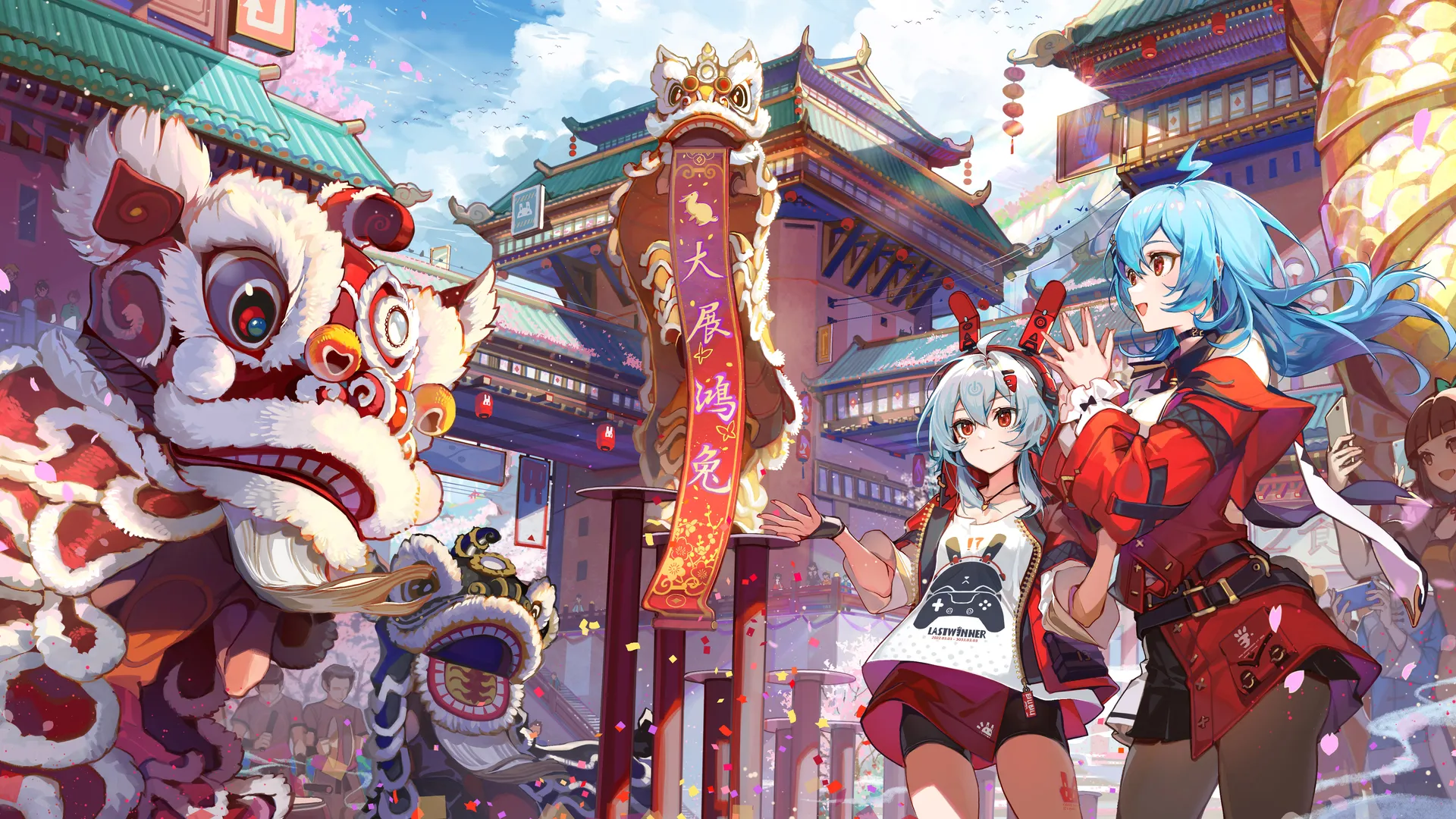 动漫女孩新年对联，花瓣装点中国年味