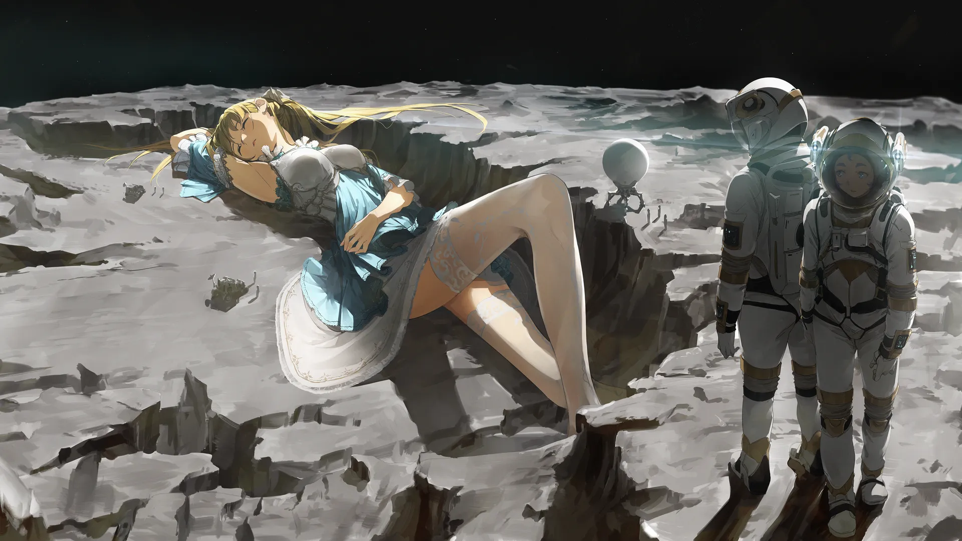 动漫女孩闭眼宇航服月亮星星4K壁纸