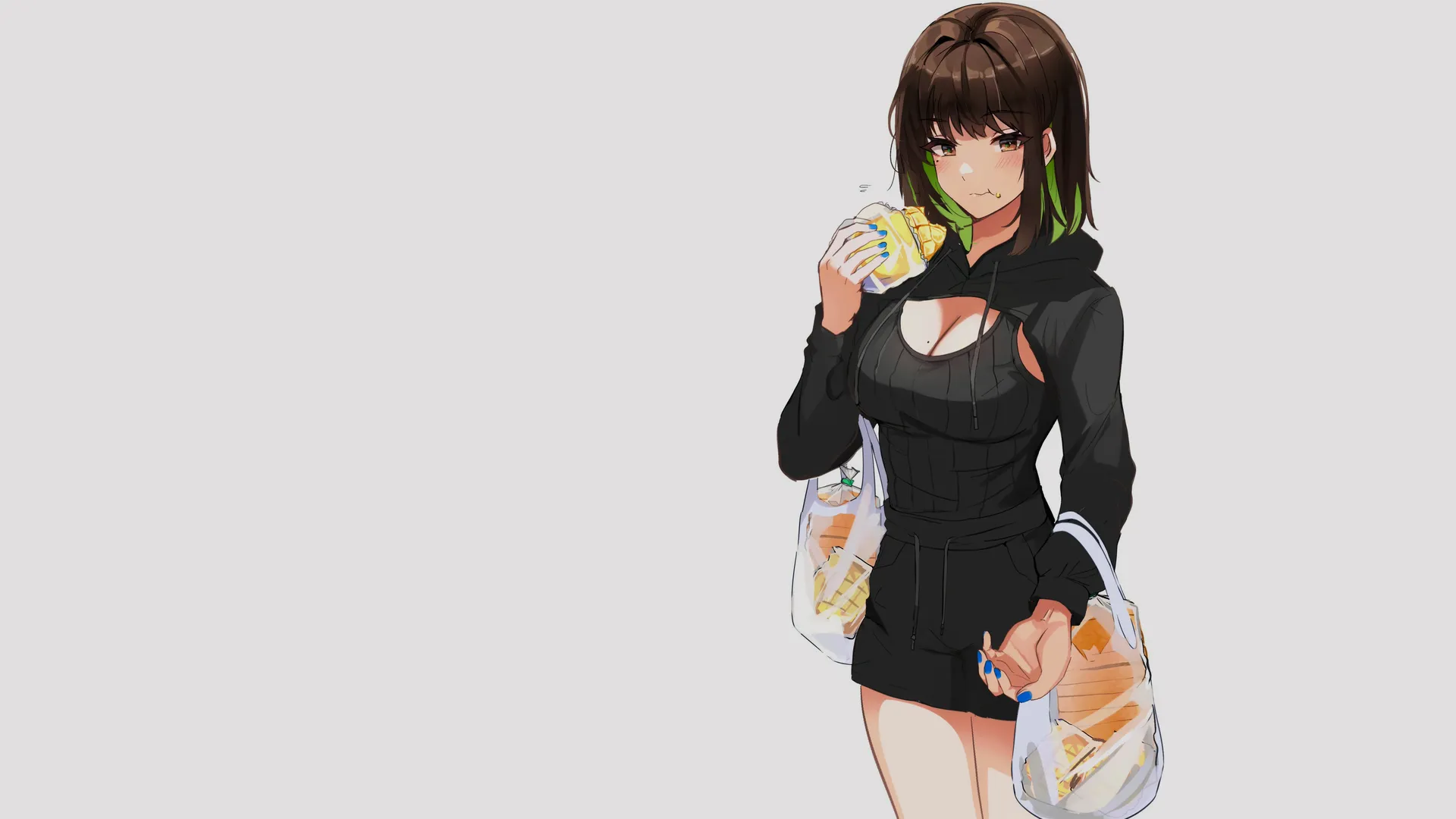 奥米勒动漫女孩染发吃零食，简约背景深色毛衣短裤。