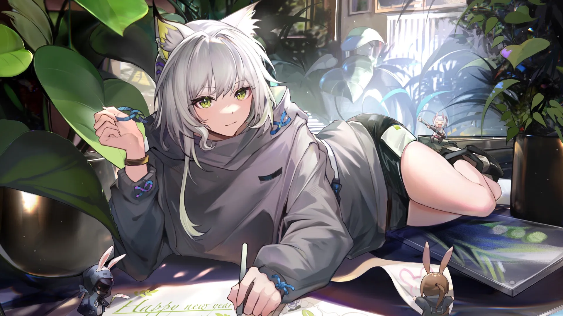 动漫女孩躺卧树叶壁纸，4K植物电脑屏保