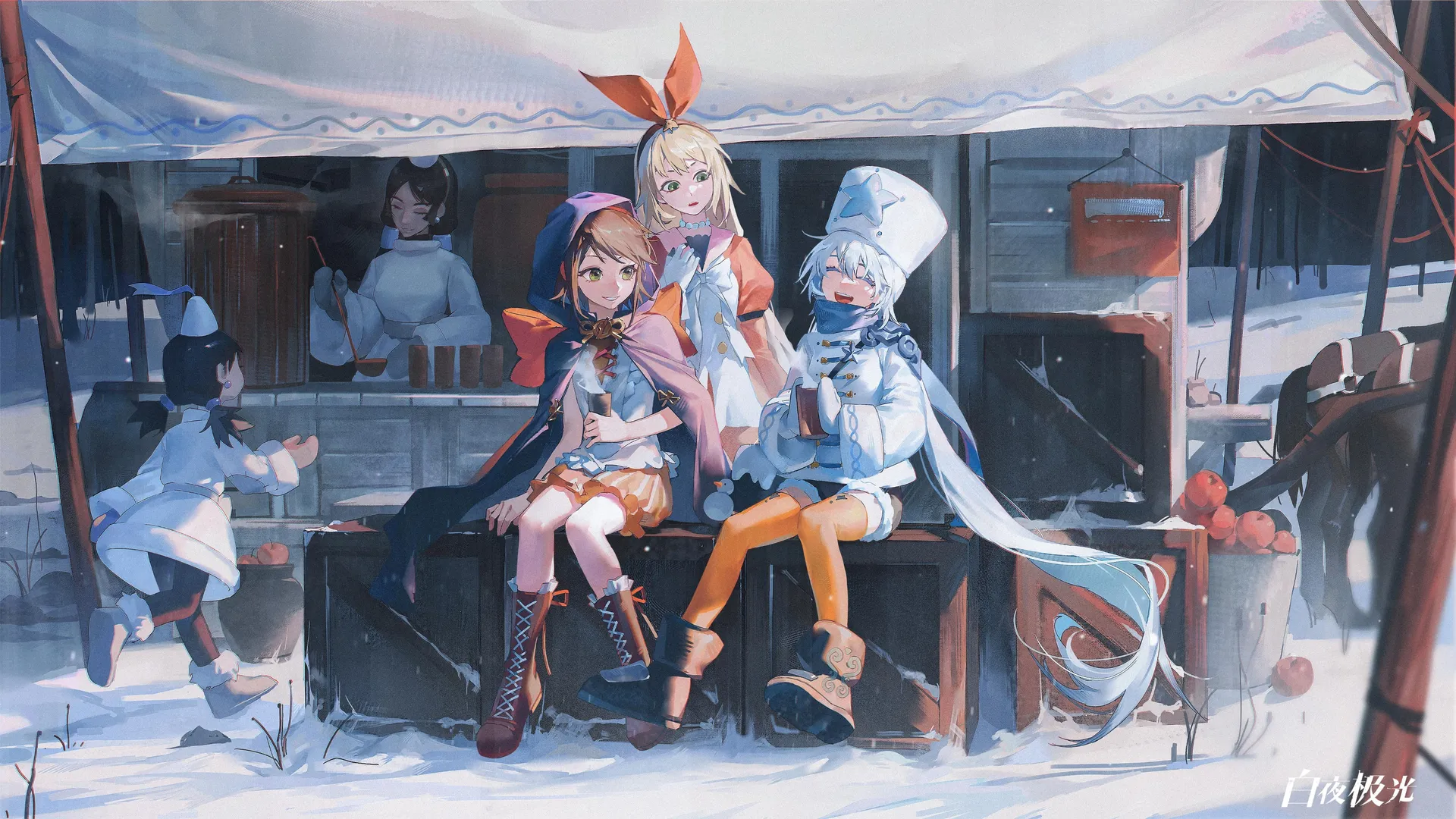 冬日动漫女孩雪中烹饪，戴围巾帽子项链，暖饮相伴。