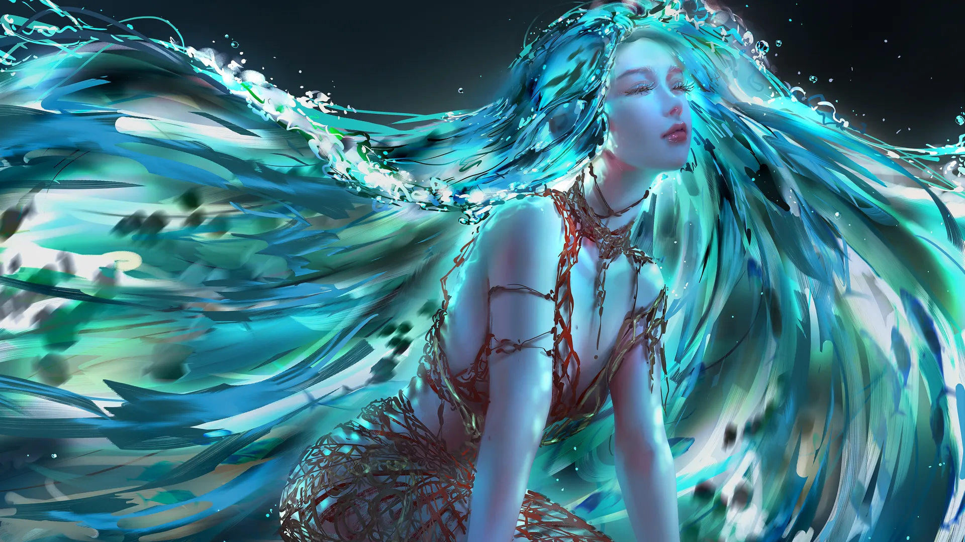 绿松石发色女孩闭眼幻想
