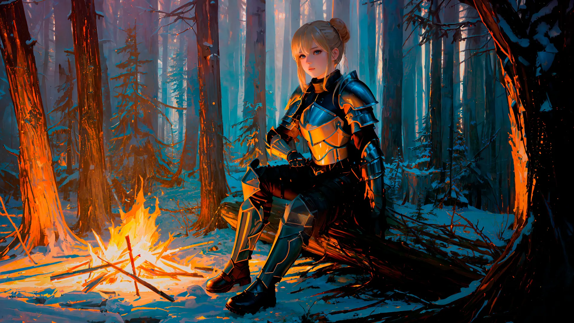 战士与金发少女营火旁，森林迷雾中灵魂降临，命运风格动漫场景。