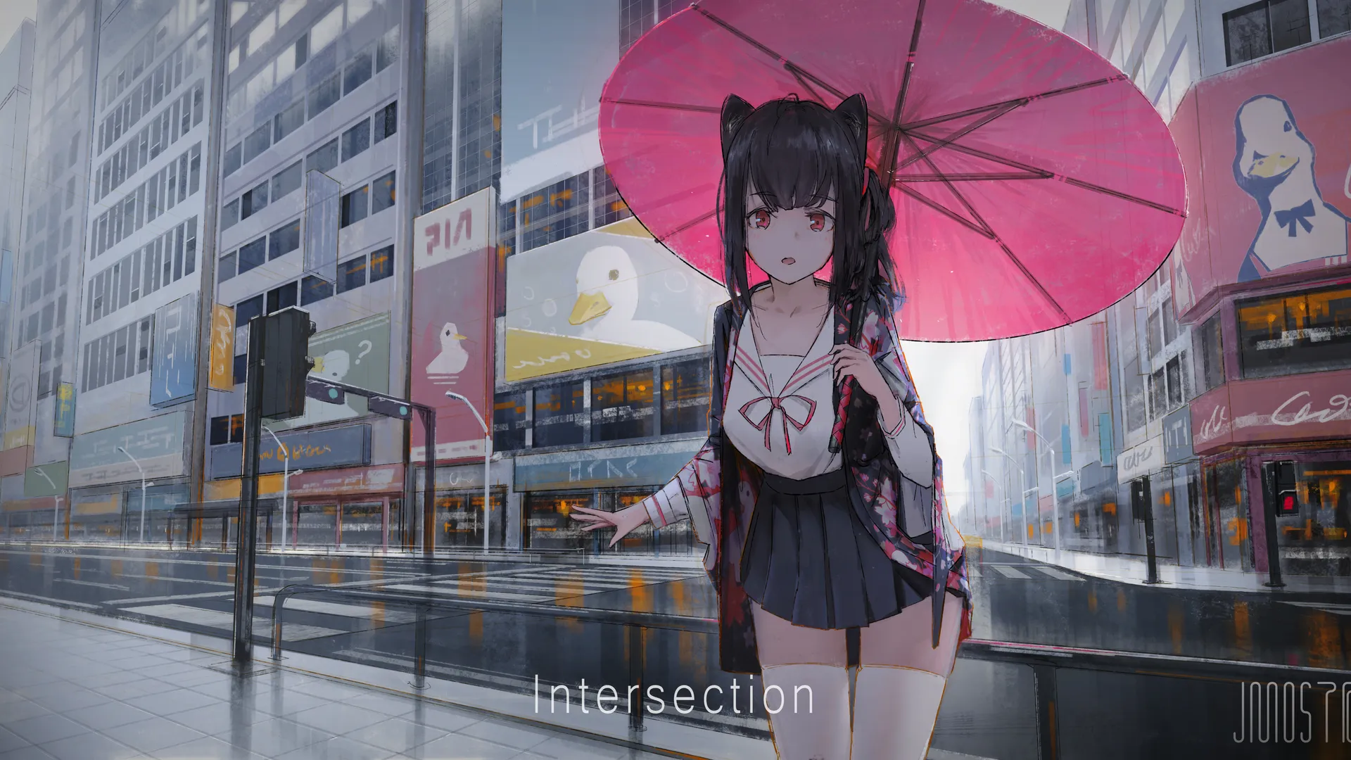 动漫女孩深色长发持伞城市户外