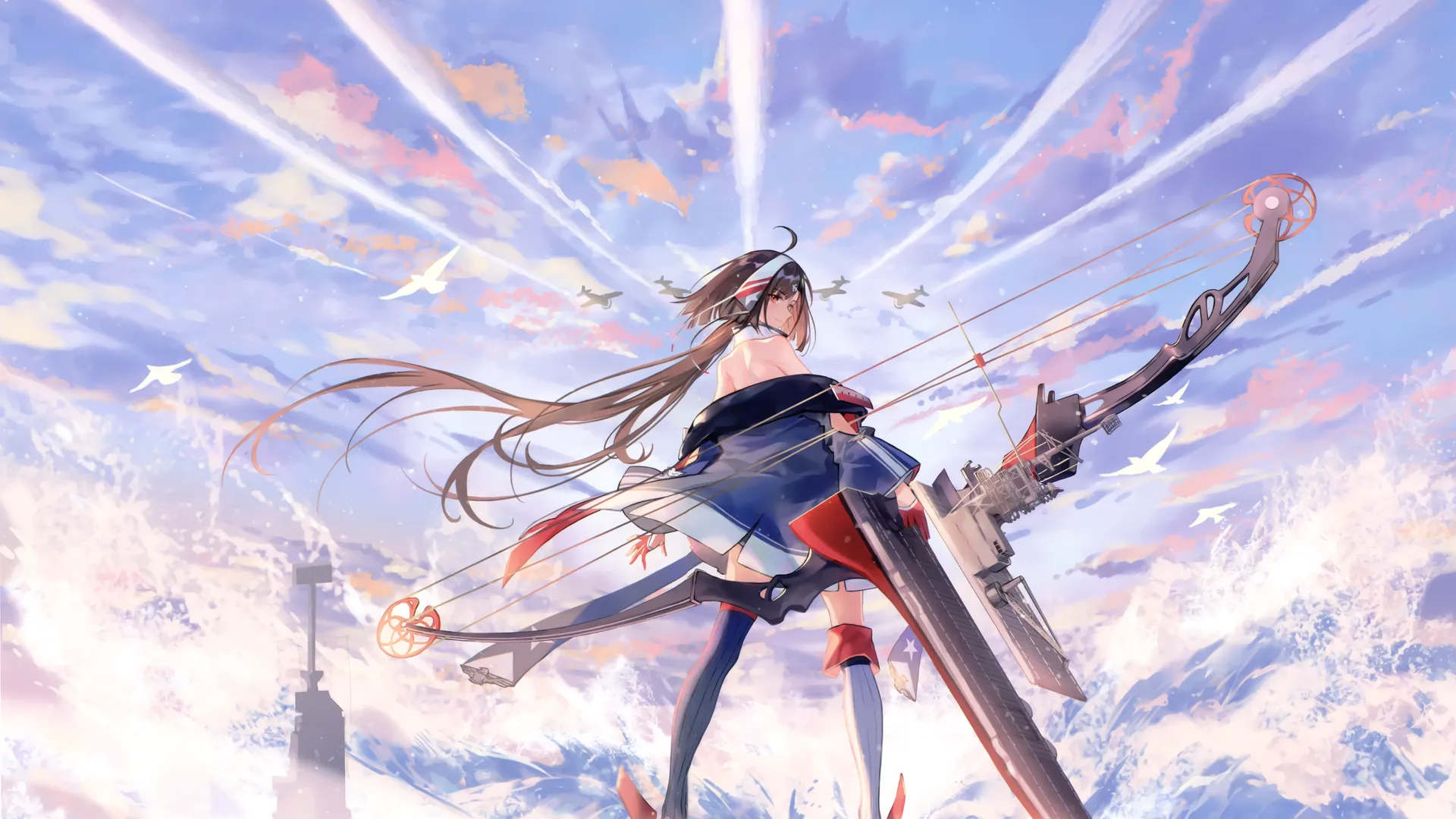 动漫女孩持武器回望天空，4K壁纸下载