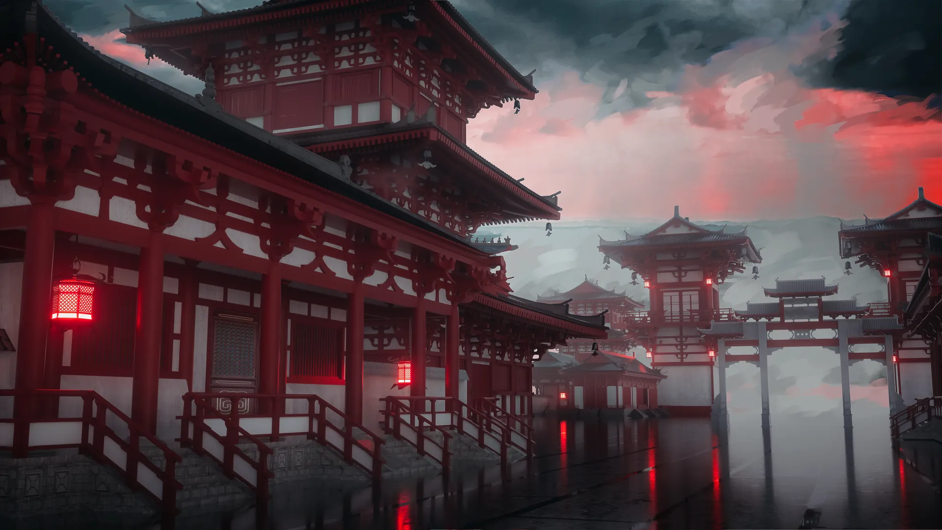 西摩红建筑灯笼，烟雾弥漫氛围浓。