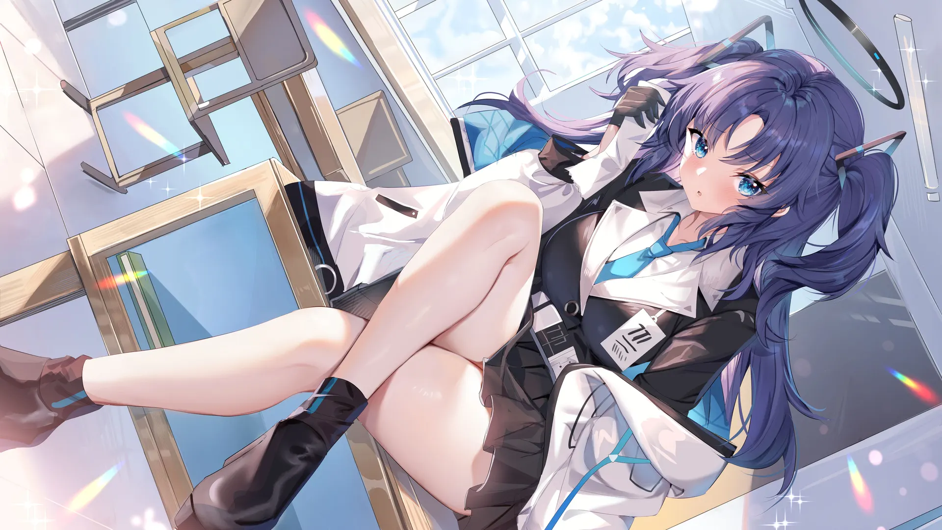蔚蓝档案双尾女学生校服坐姿动漫壁纸