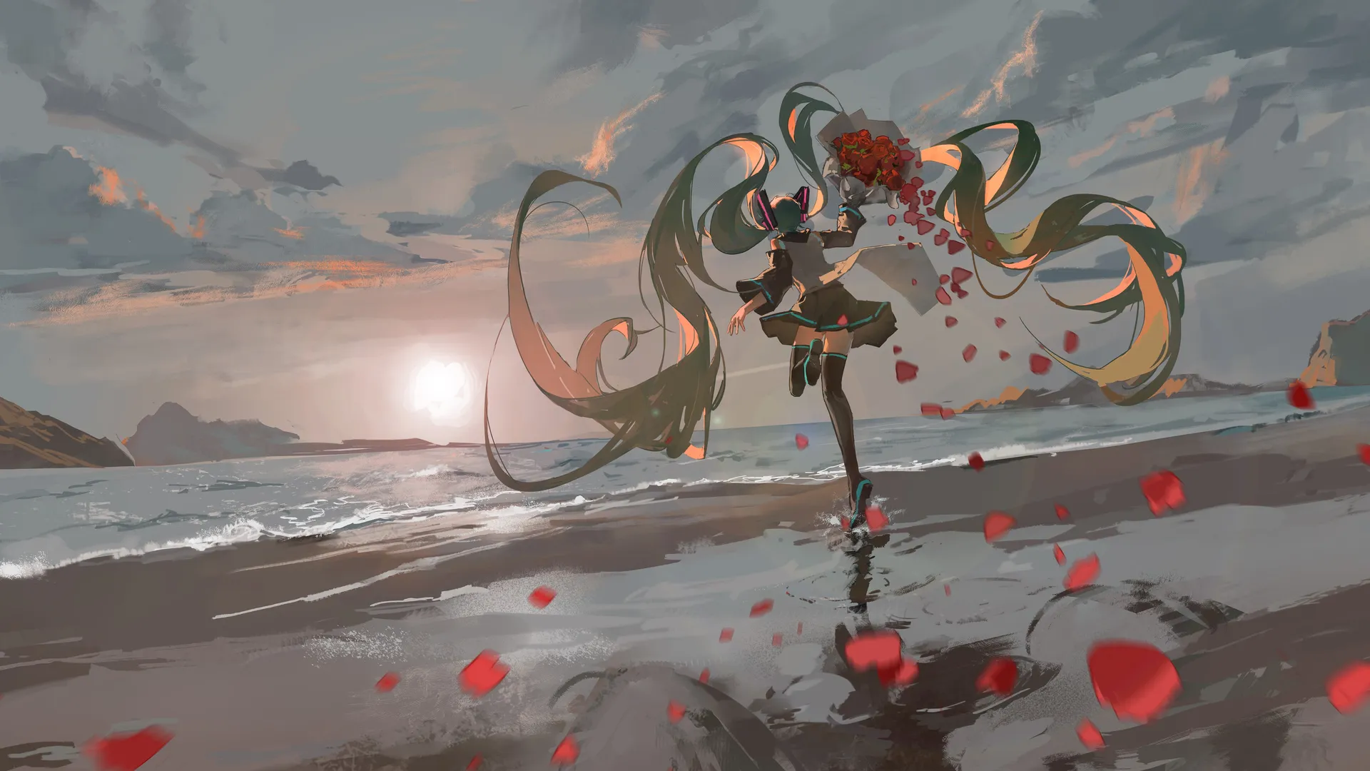 动漫女孩夕阳海滩奔跑，波浪辉光唯美画面