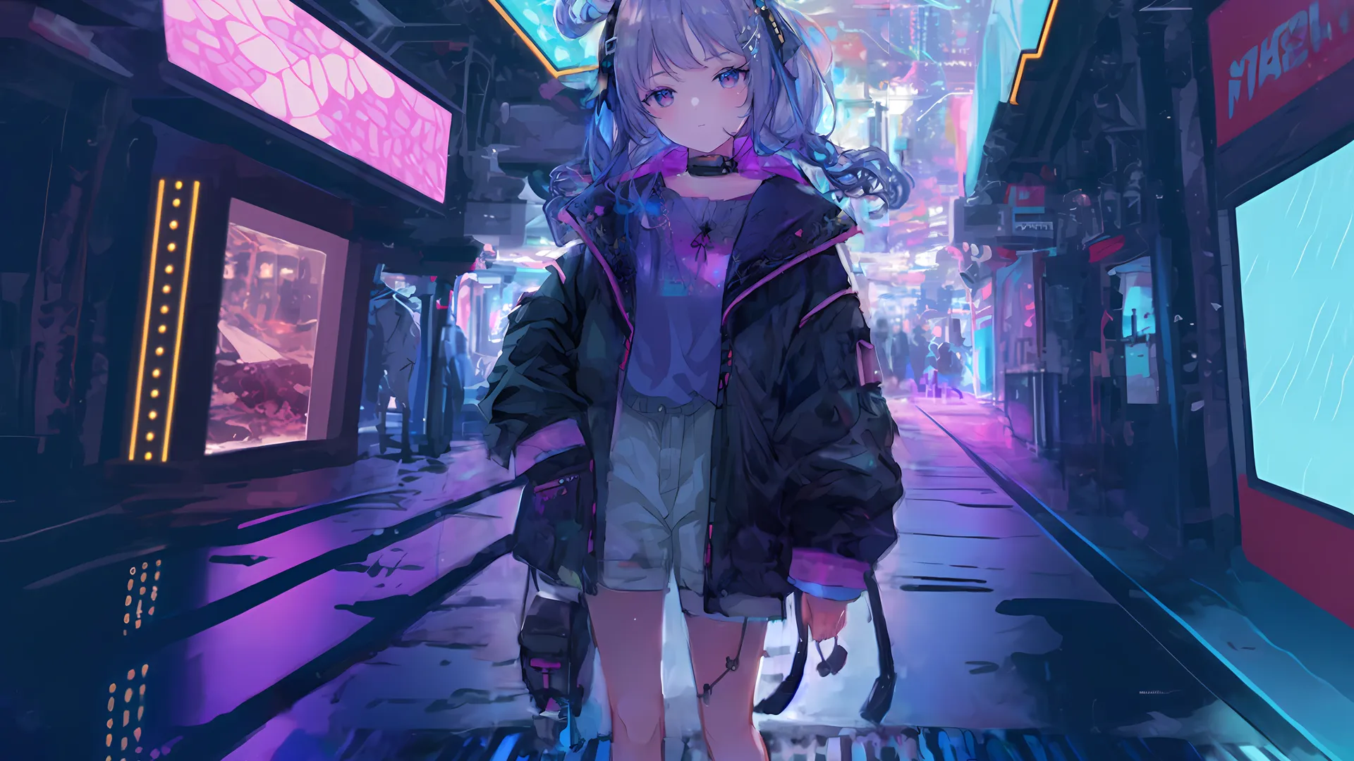 赛博朋克冬季街头，穿棉衣的女孩艺术摄影