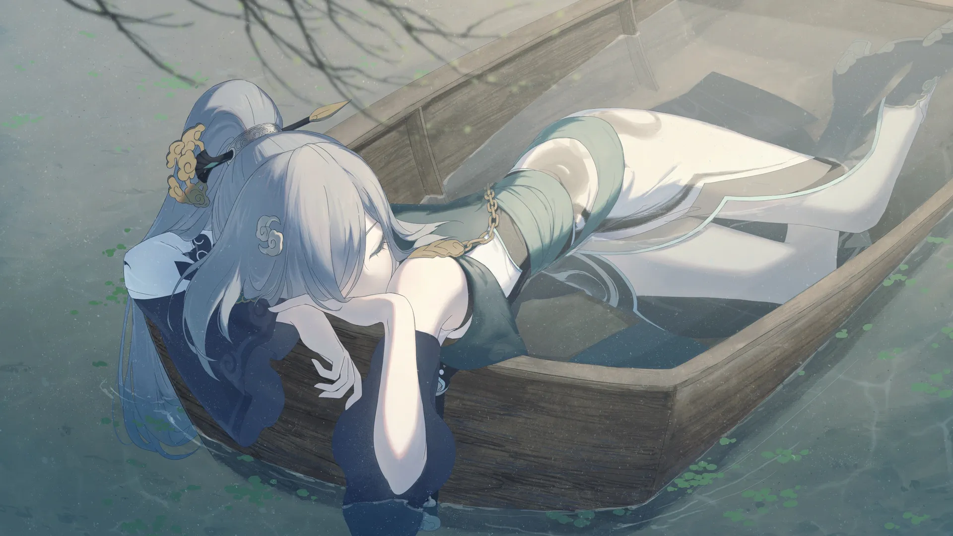 国风动漫少女马尾辫，船上中国服饰