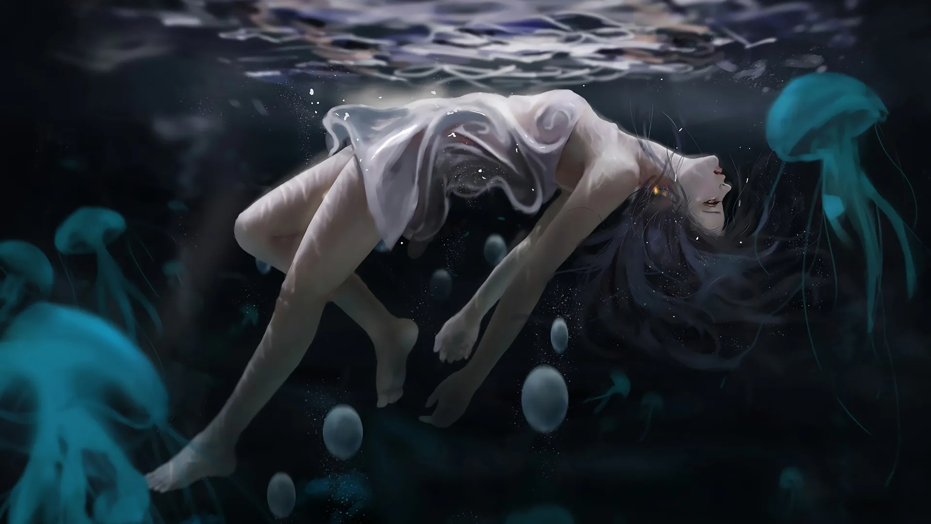 水下AI艺术：水母与动漫女孩的奇幻相遇