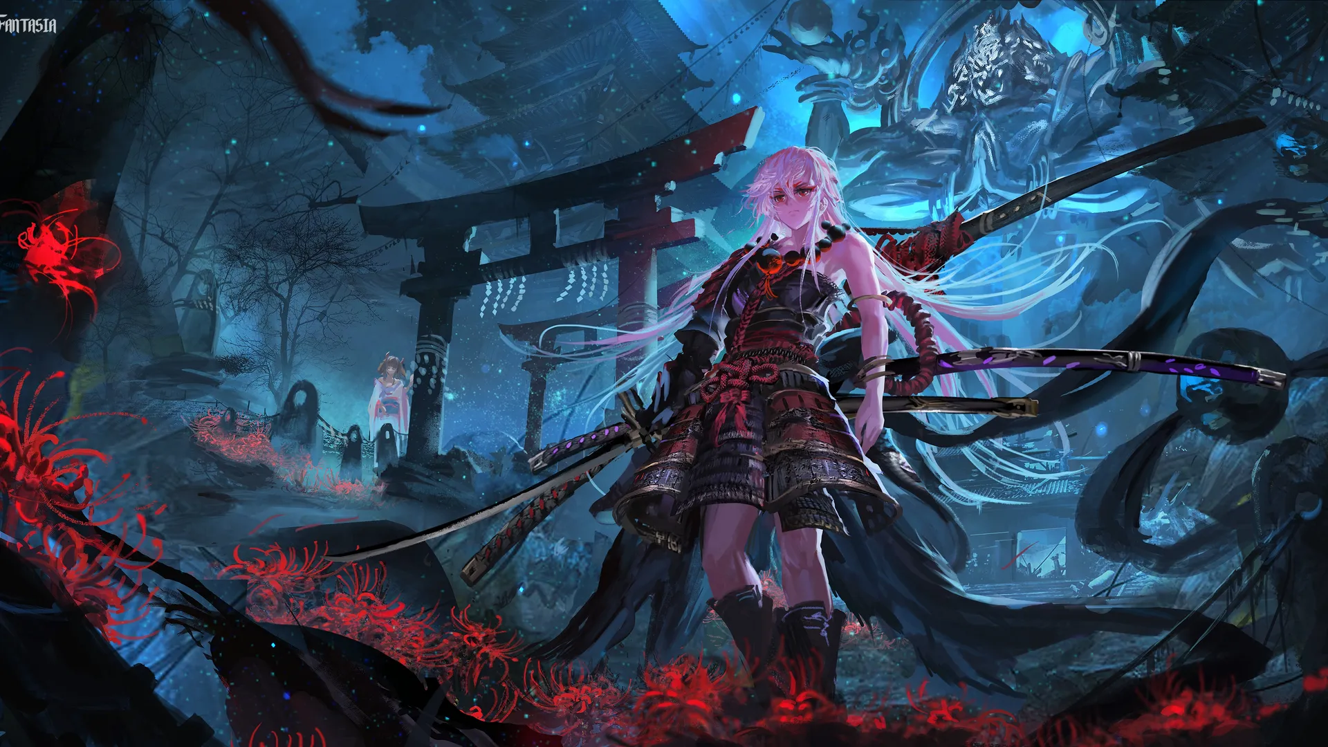 白发红瞳武士少女，鲜花盔甲幻想艺术。