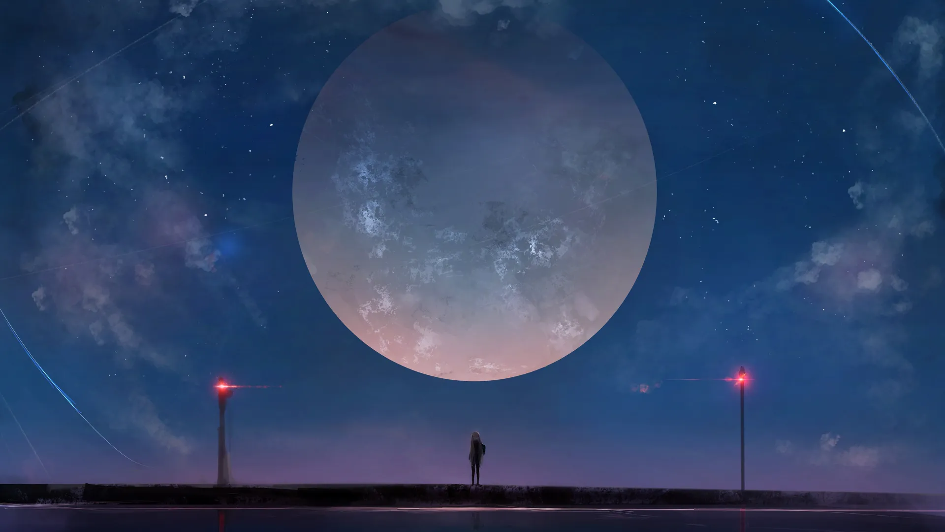 动漫女孩站立月夜，4K星空AI艺术壁纸